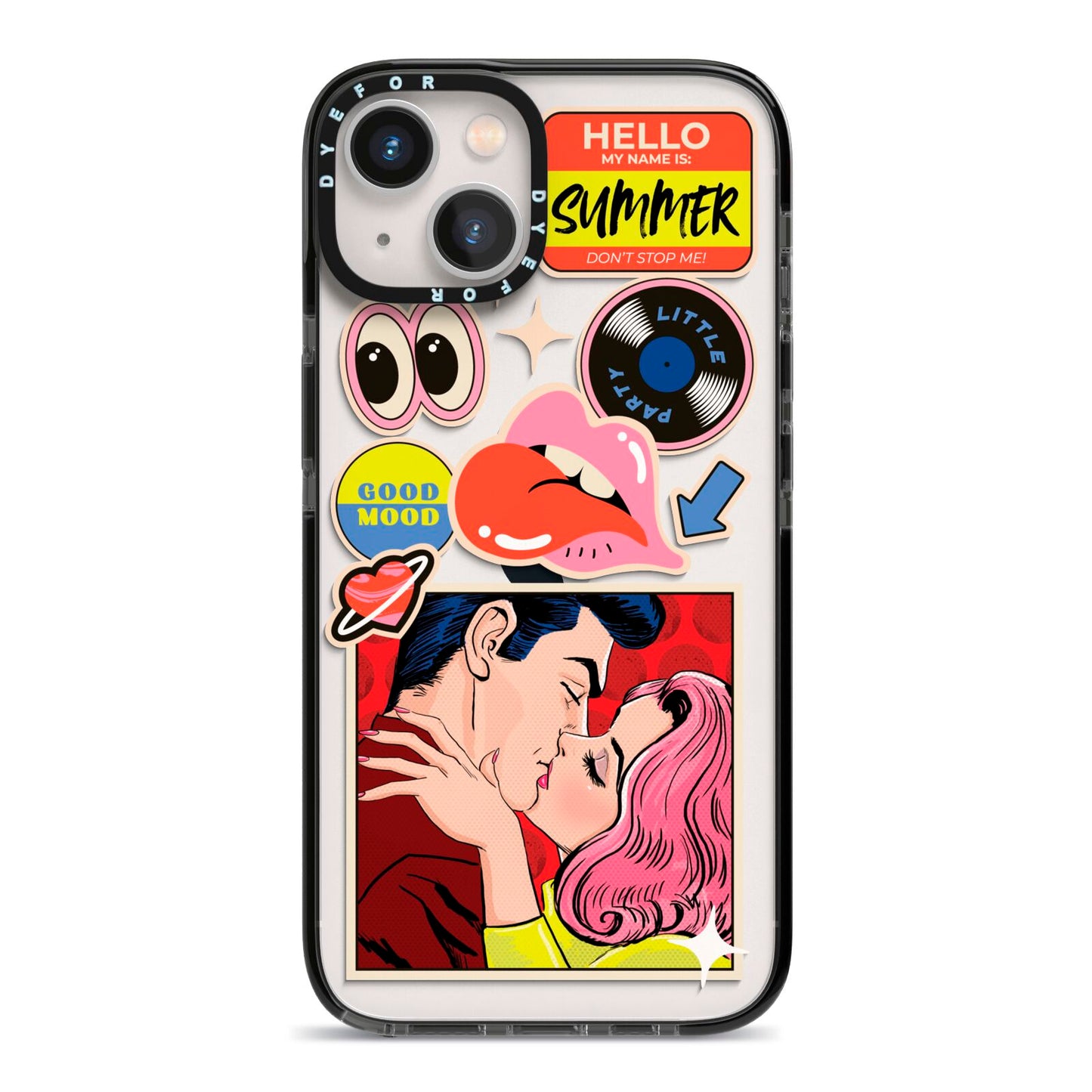 Comic Sticker iPhone 13 Black Impact Case on Silver phone