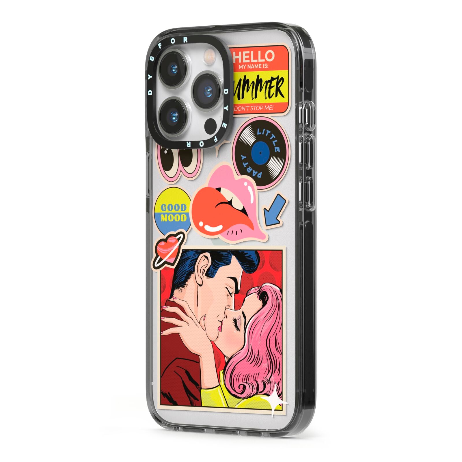 Comic Sticker iPhone 13 Pro Black Impact Case Side Angle on Silver phone