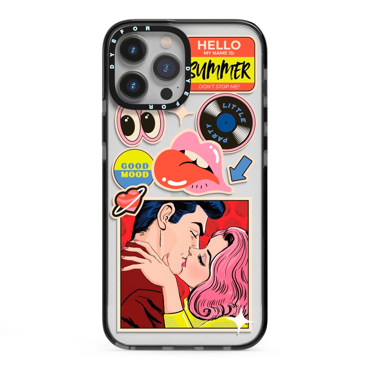 Comic Sticker iPhone 13 Pro Max Black Impact Case on Silver phone