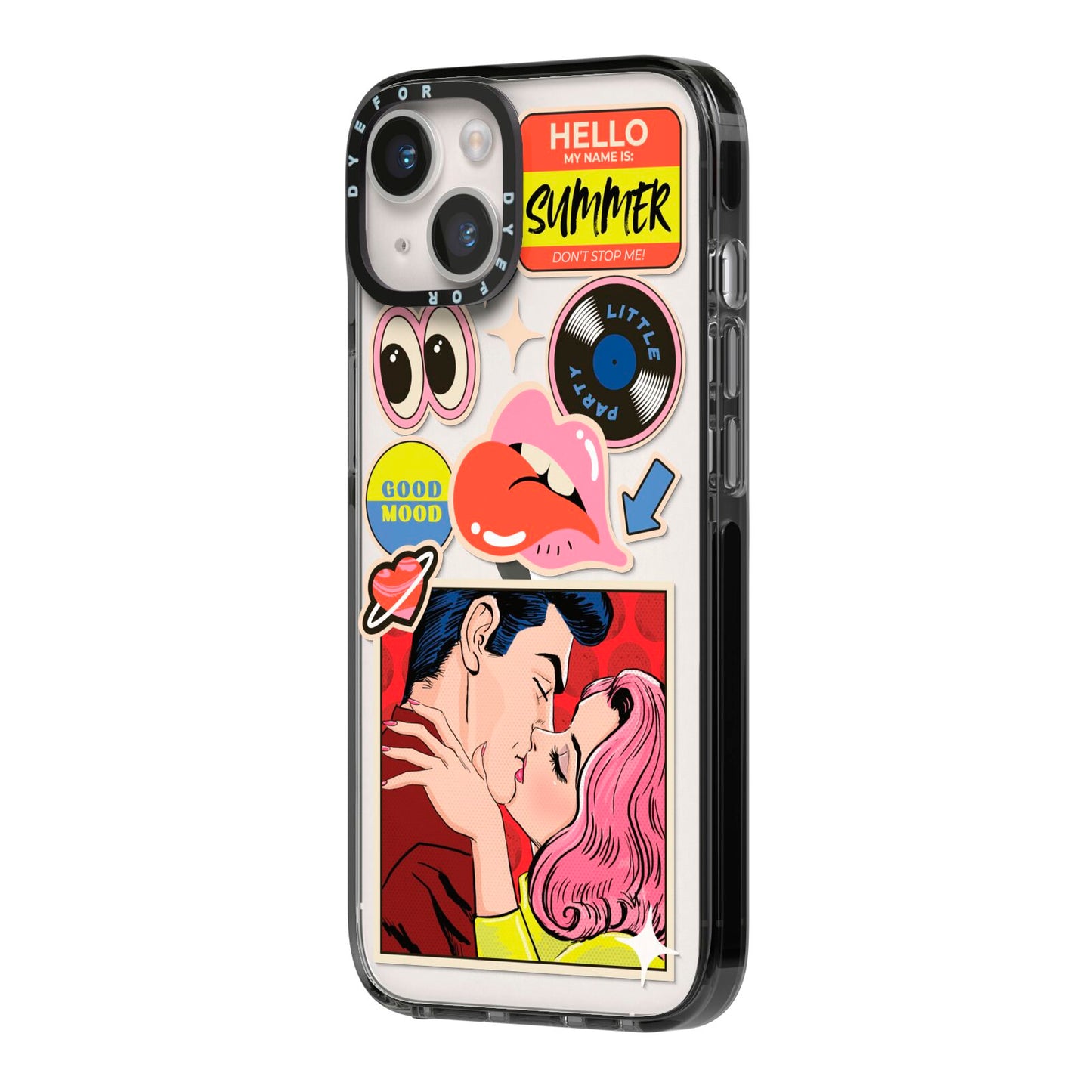 Comic Sticker iPhone 14 Black Impact Case Side Angle on Silver phone