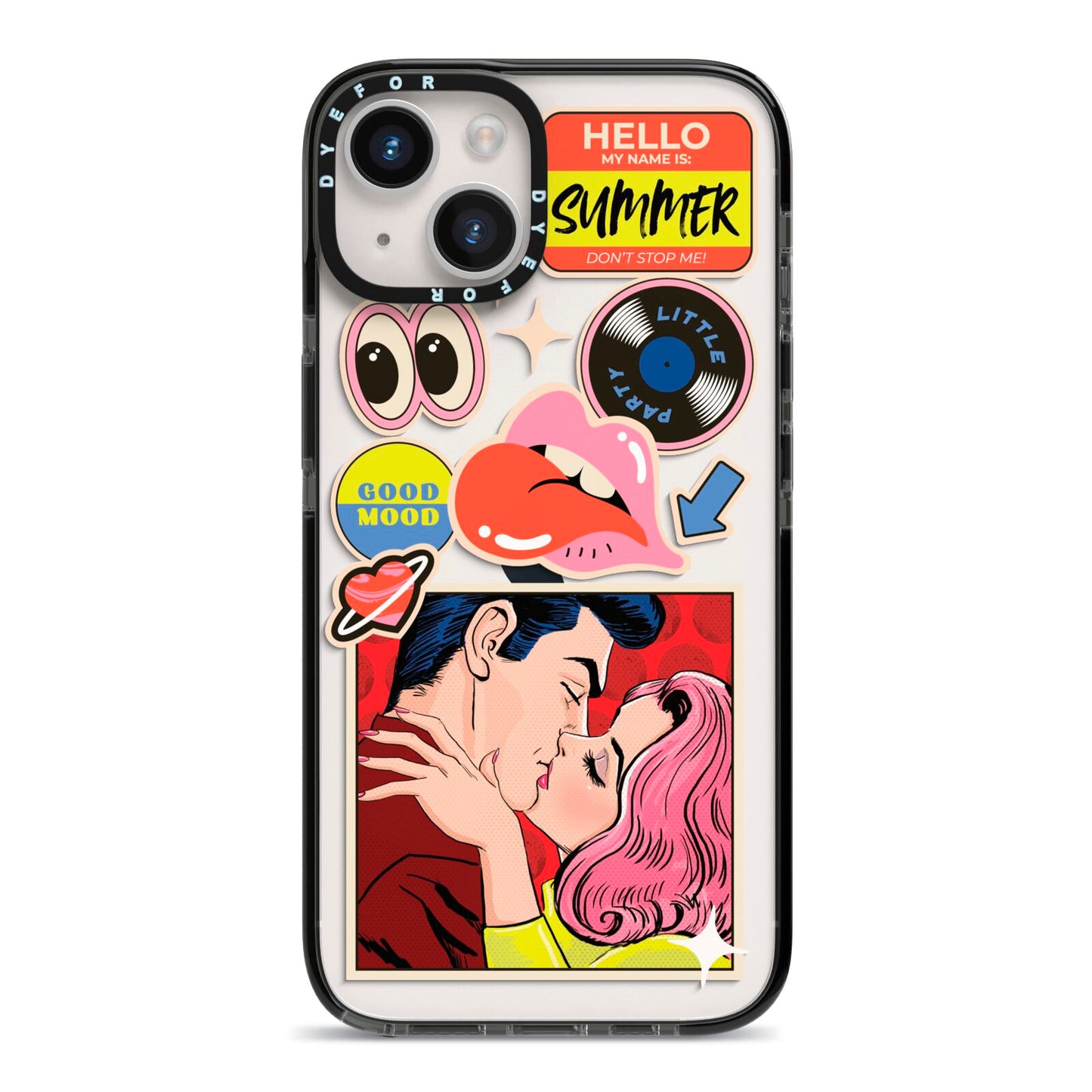 Comic Sticker iPhone 14 Black Impact Case on Silver phone