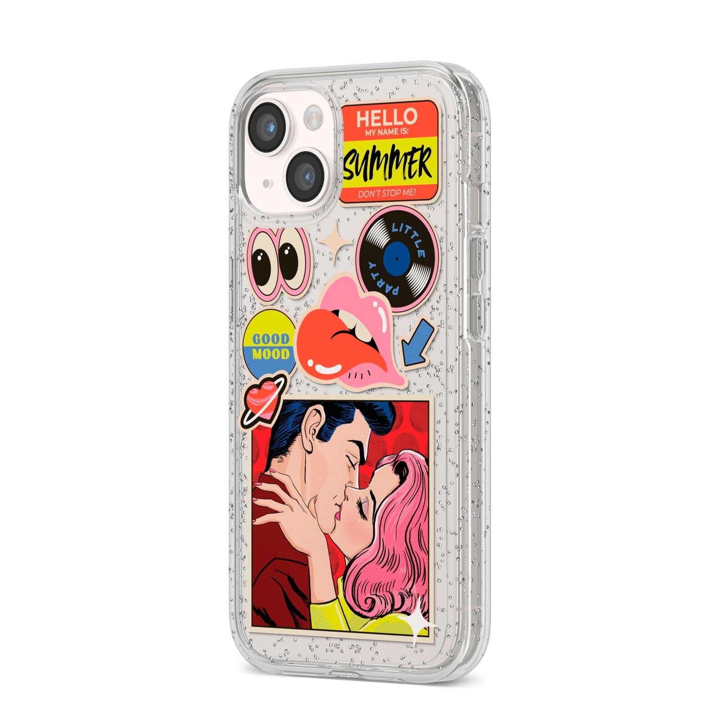 Comic Sticker iPhone 14 Glitter Tough Case Starlight Angled Image