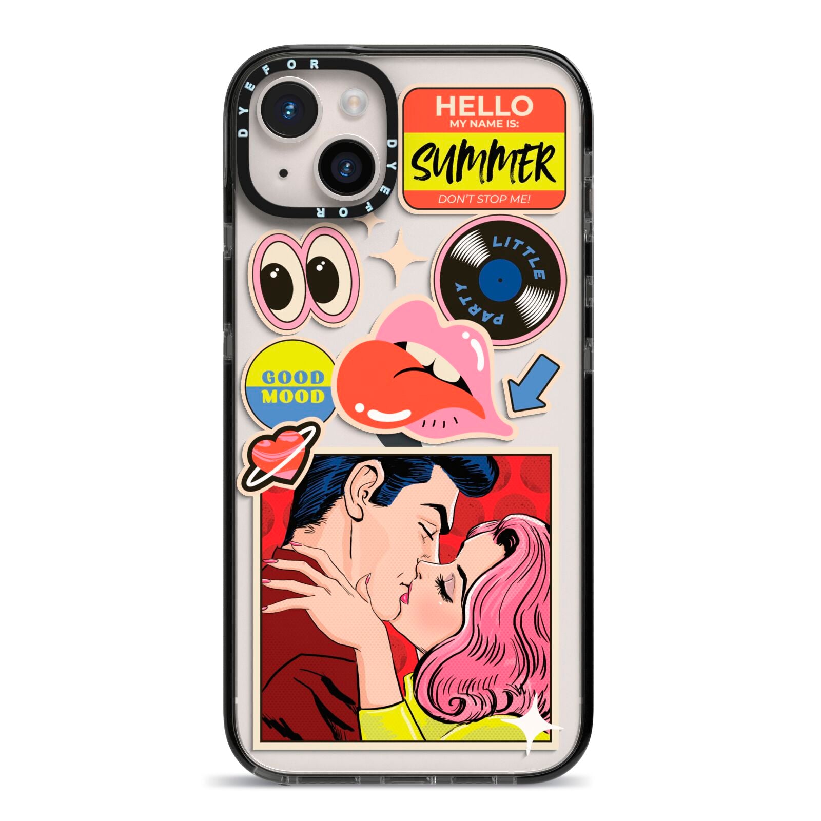 Comic Sticker iPhone 14 Plus Black Impact Case on Silver phone