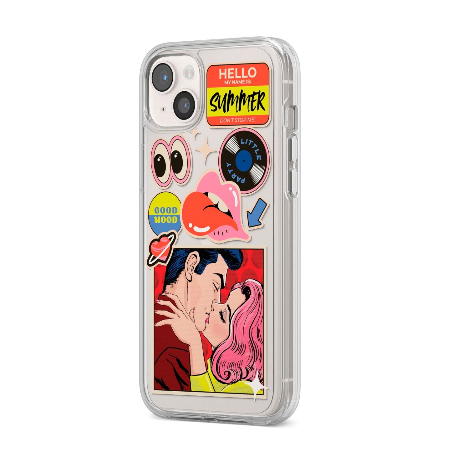 Comic Sticker iPhone 14 Plus Clear Tough Case Starlight Angled Image