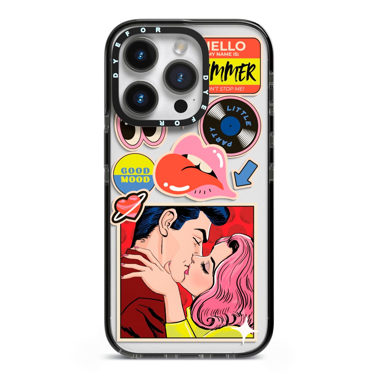 Comic Sticker iPhone 14 Pro Black Impact Case on Silver phone