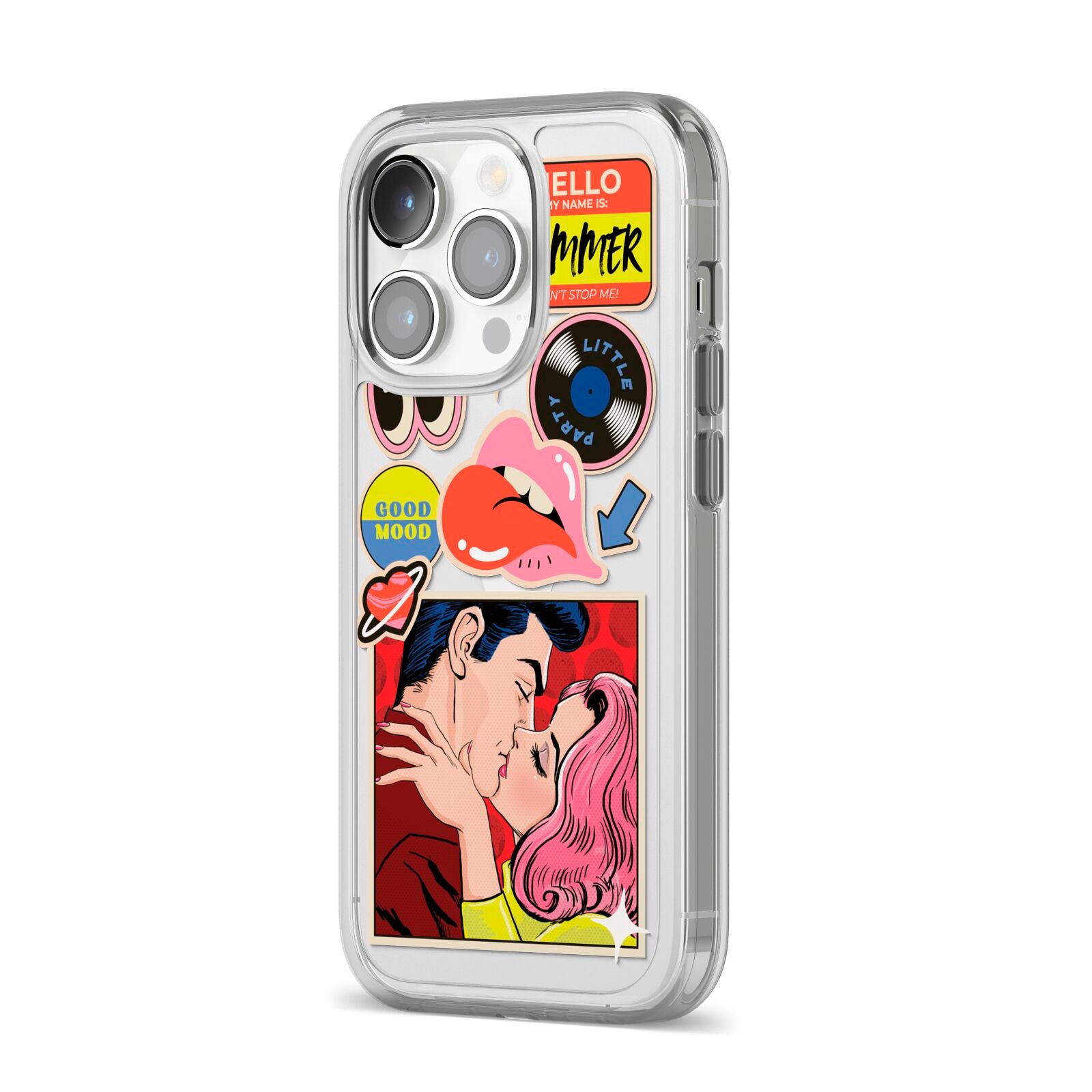 Comic Sticker iPhone 14 Pro Clear Tough Case Silver Angled Image