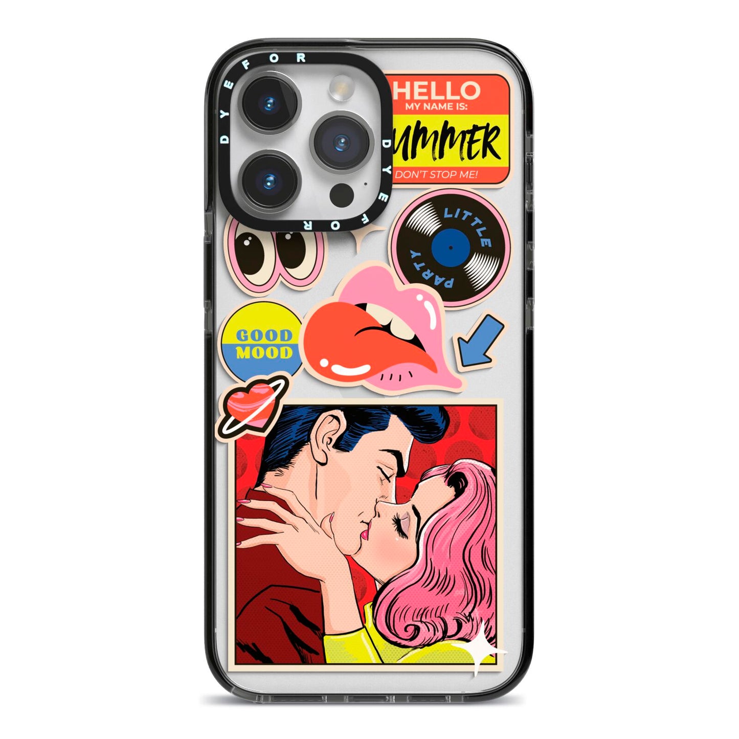 Comic Sticker iPhone 14 Pro Max Black Impact Case on Silver phone