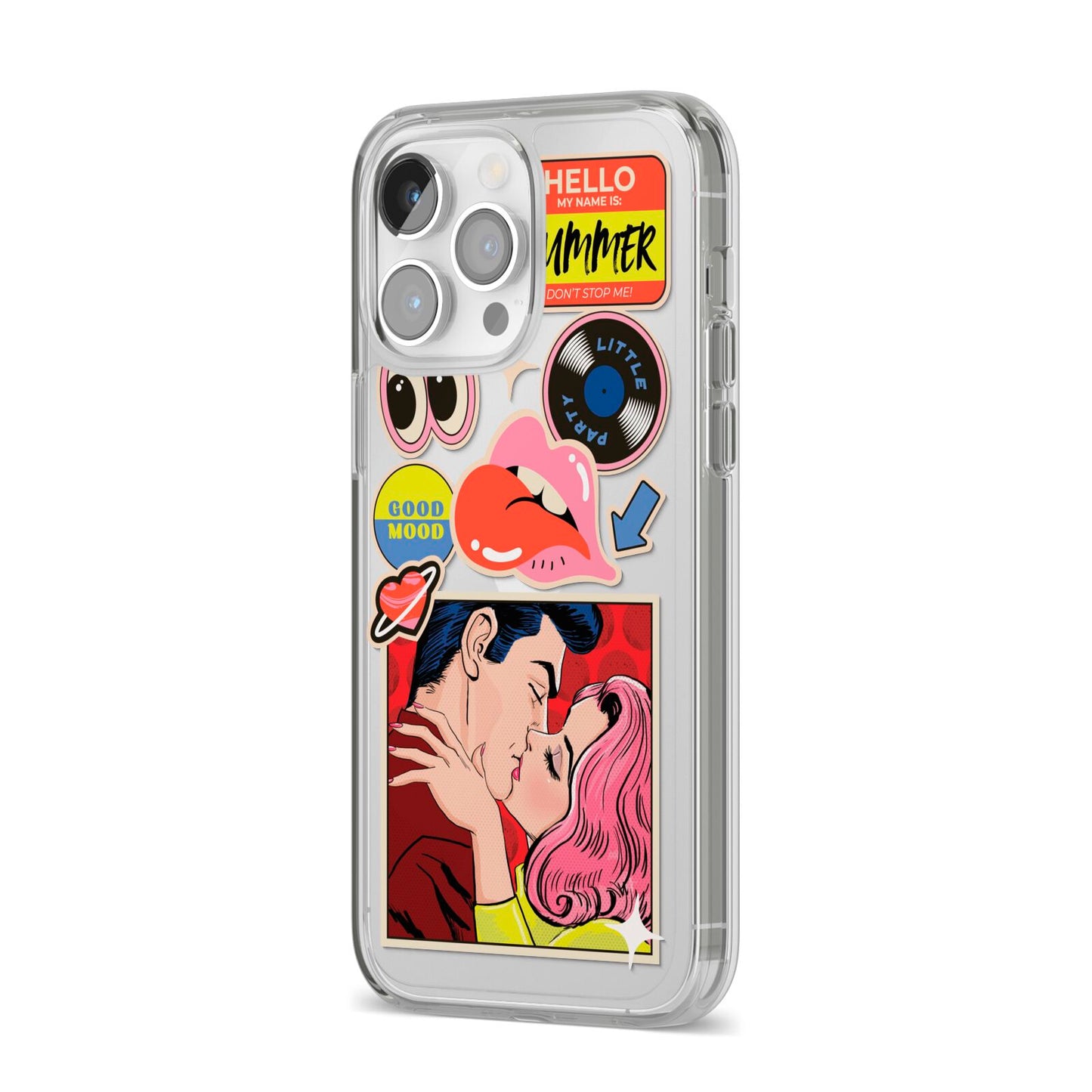 Comic Sticker iPhone 14 Pro Max Clear Tough Case Silver Angled Image