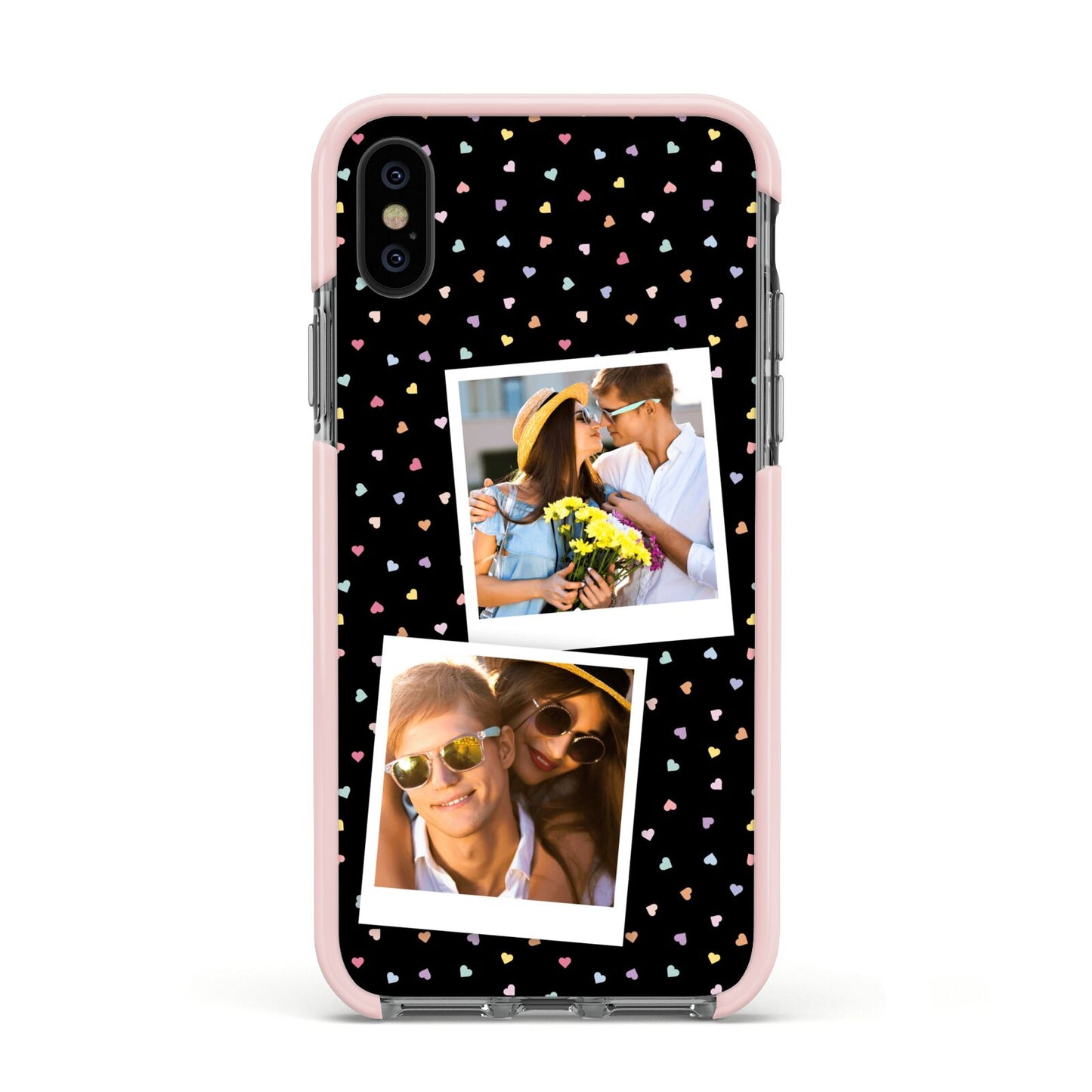 Confetti Heart Photo Apple iPhone Xs Impact Case Pink Edge on Black Phone