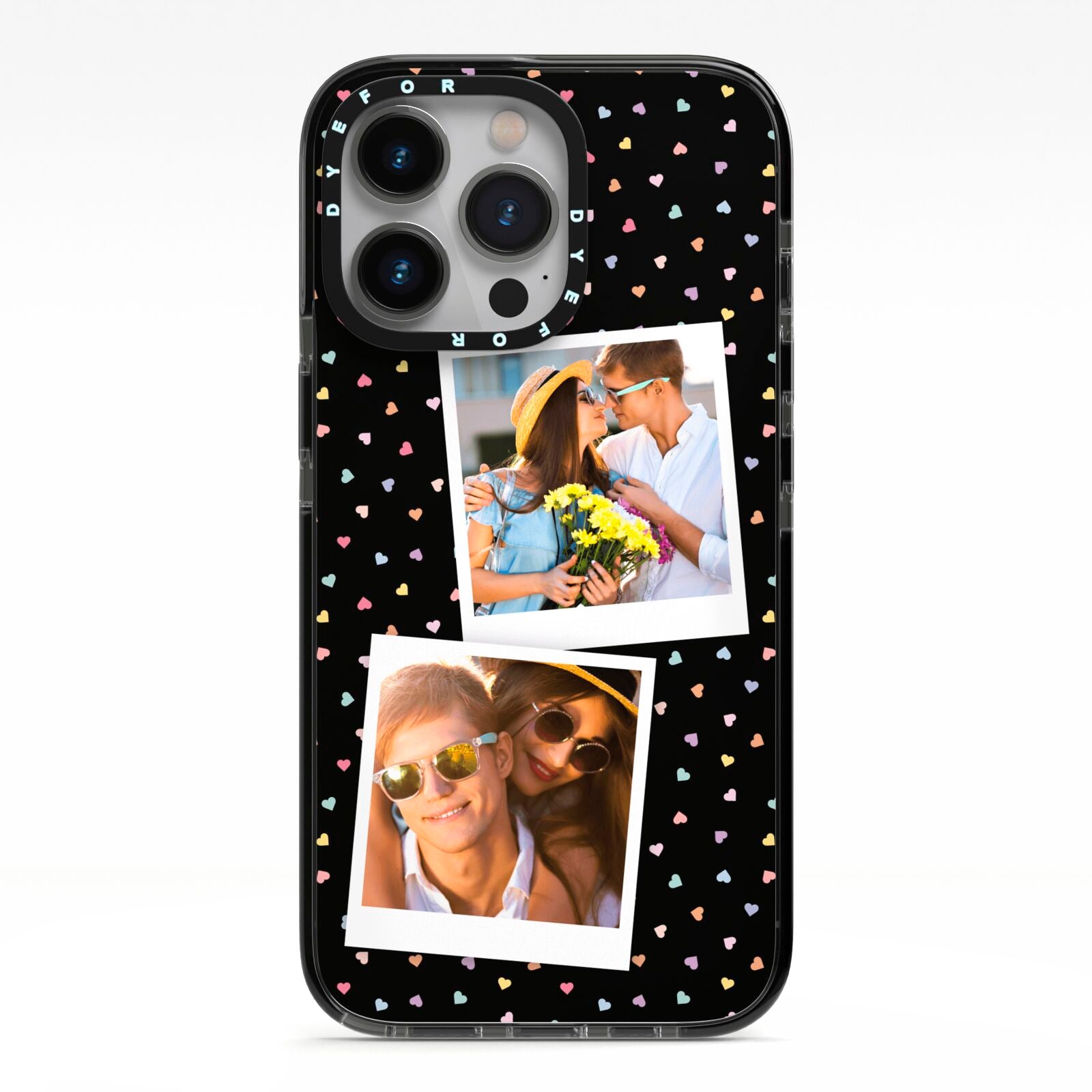 Confetti Heart Photo iPhone 13 Pro Black Impact Case on Silver phone