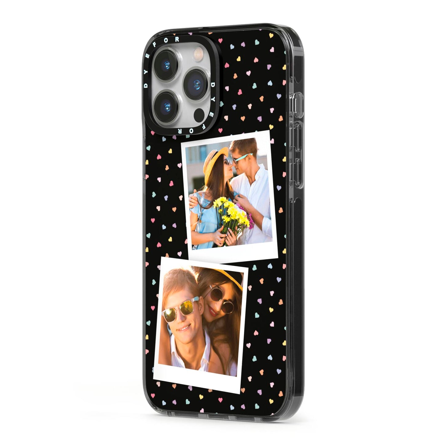 Confetti Heart Photo iPhone 13 Pro Max Black Impact Case Side Angle on Silver phone