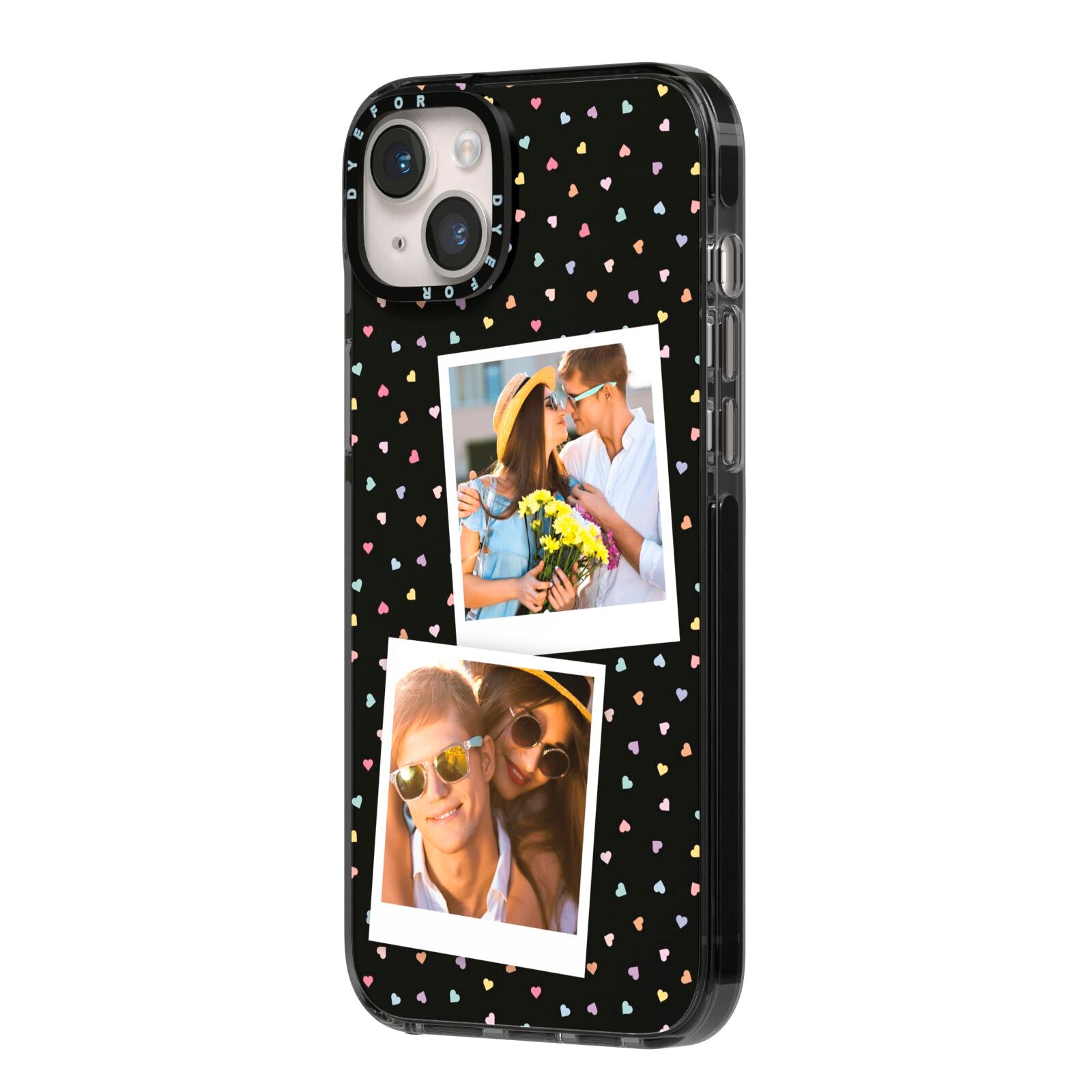 Confetti Heart Photo iPhone 14 Plus Black Impact Case Side Angle on Silver phone