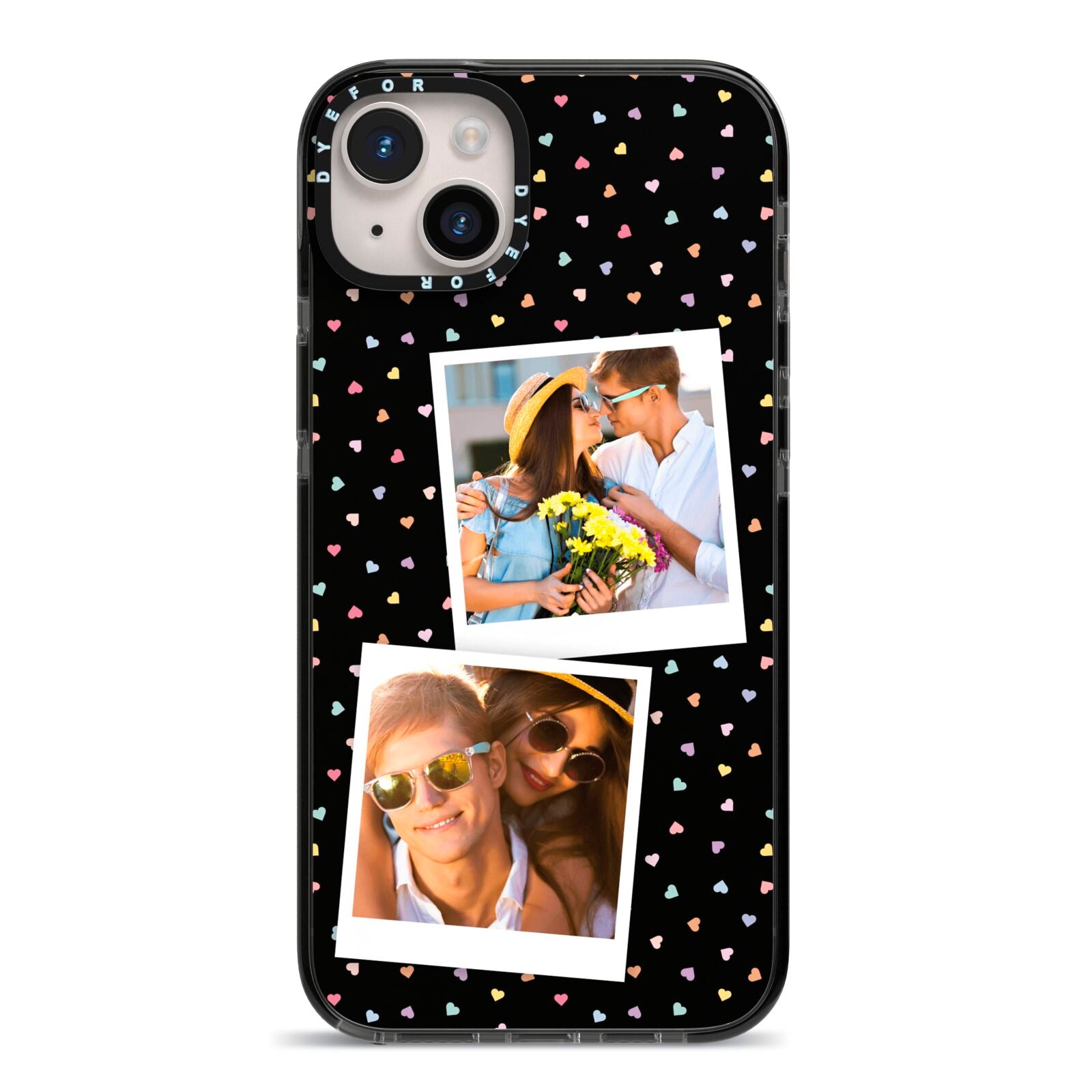 Confetti Heart Photo iPhone 14 Plus Black Impact Case on Silver phone