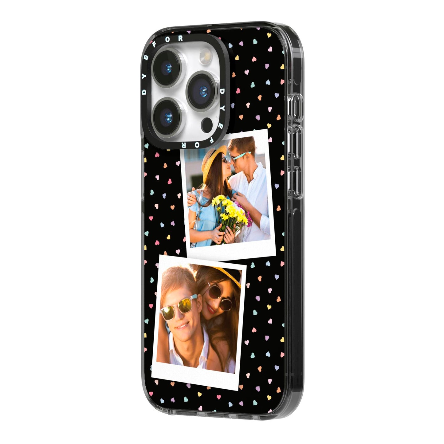 Confetti Heart Photo iPhone 14 Pro Black Impact Case Side Angle on Silver phone