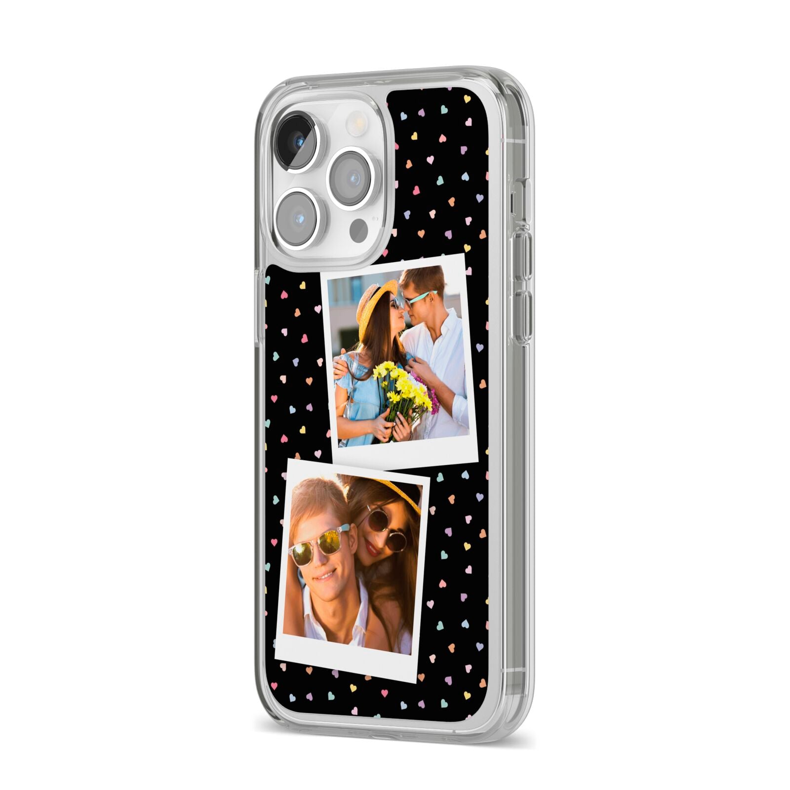 Confetti Heart Photo iPhone 14 Pro Max Clear Tough Case Silver Angled Image