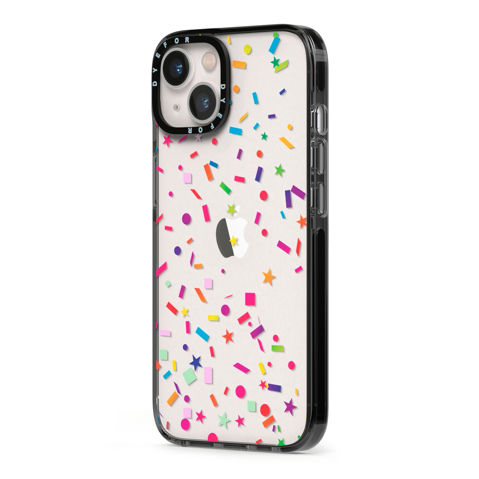 Confetti iPhone 13 Black Impact Case Side Angle on Silver phone