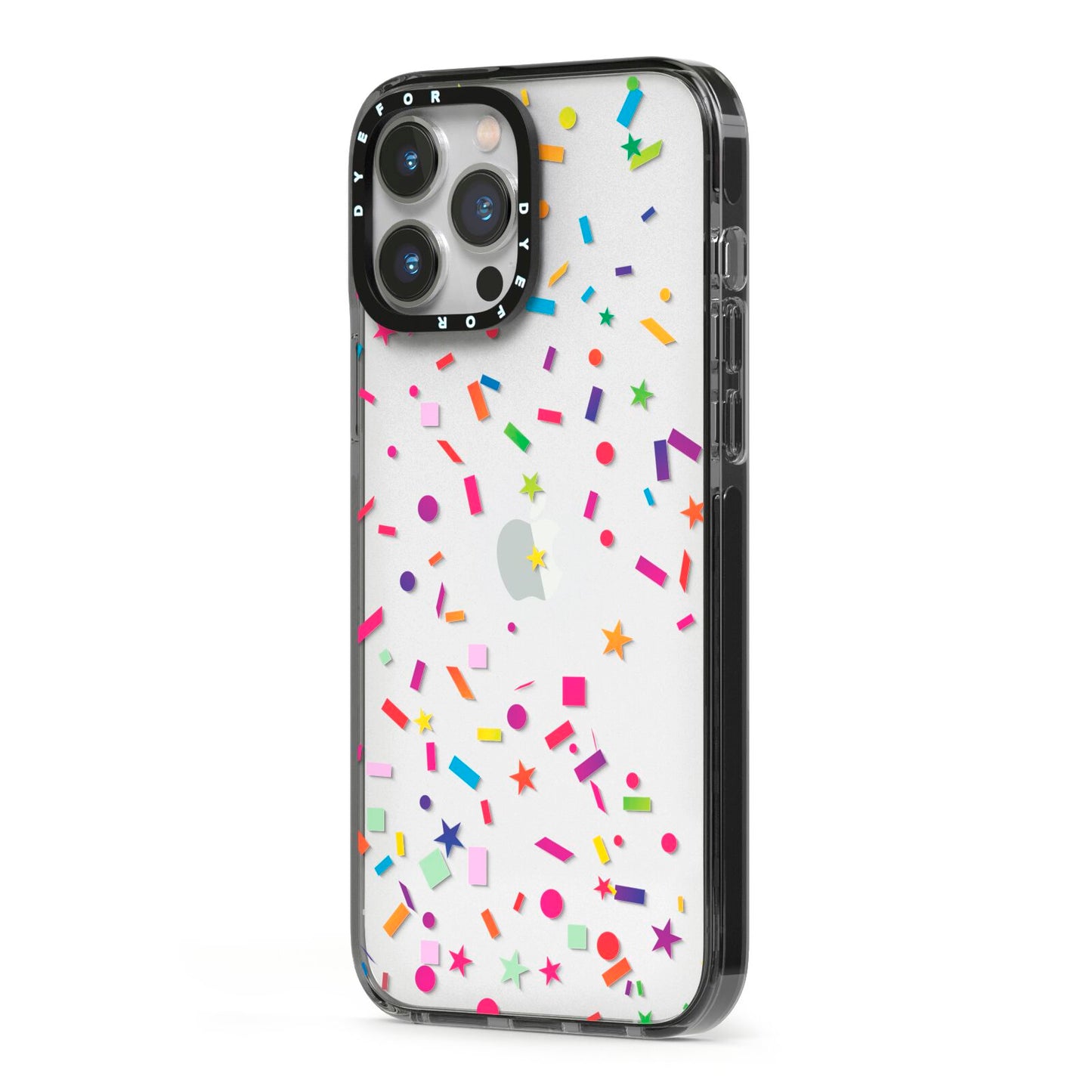 Confetti iPhone 13 Pro Max Black Impact Case Side Angle on Silver phone