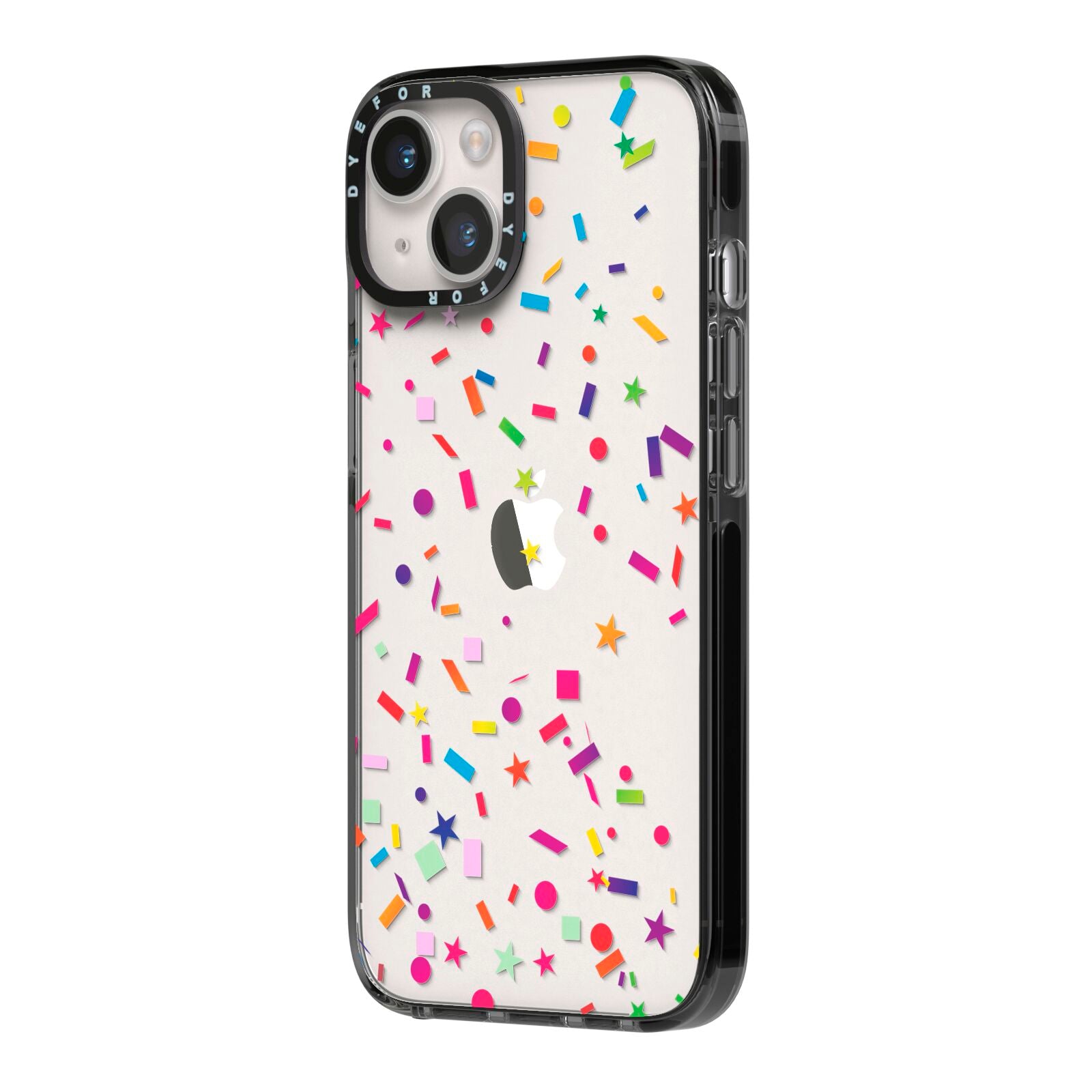Confetti iPhone 14 Black Impact Case Side Angle on Silver phone