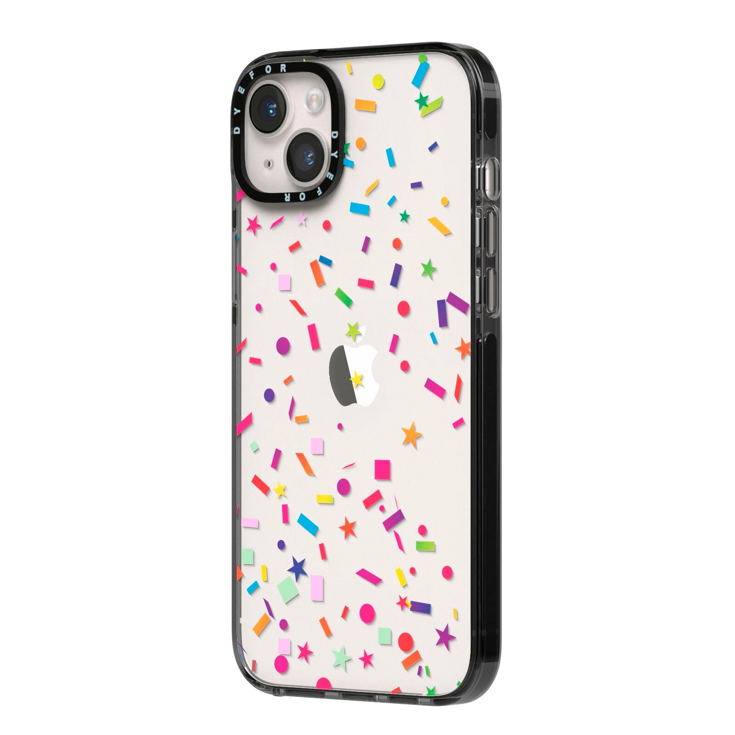 Confetti iPhone 14 Plus Black Impact Case Side Angle on Silver phone