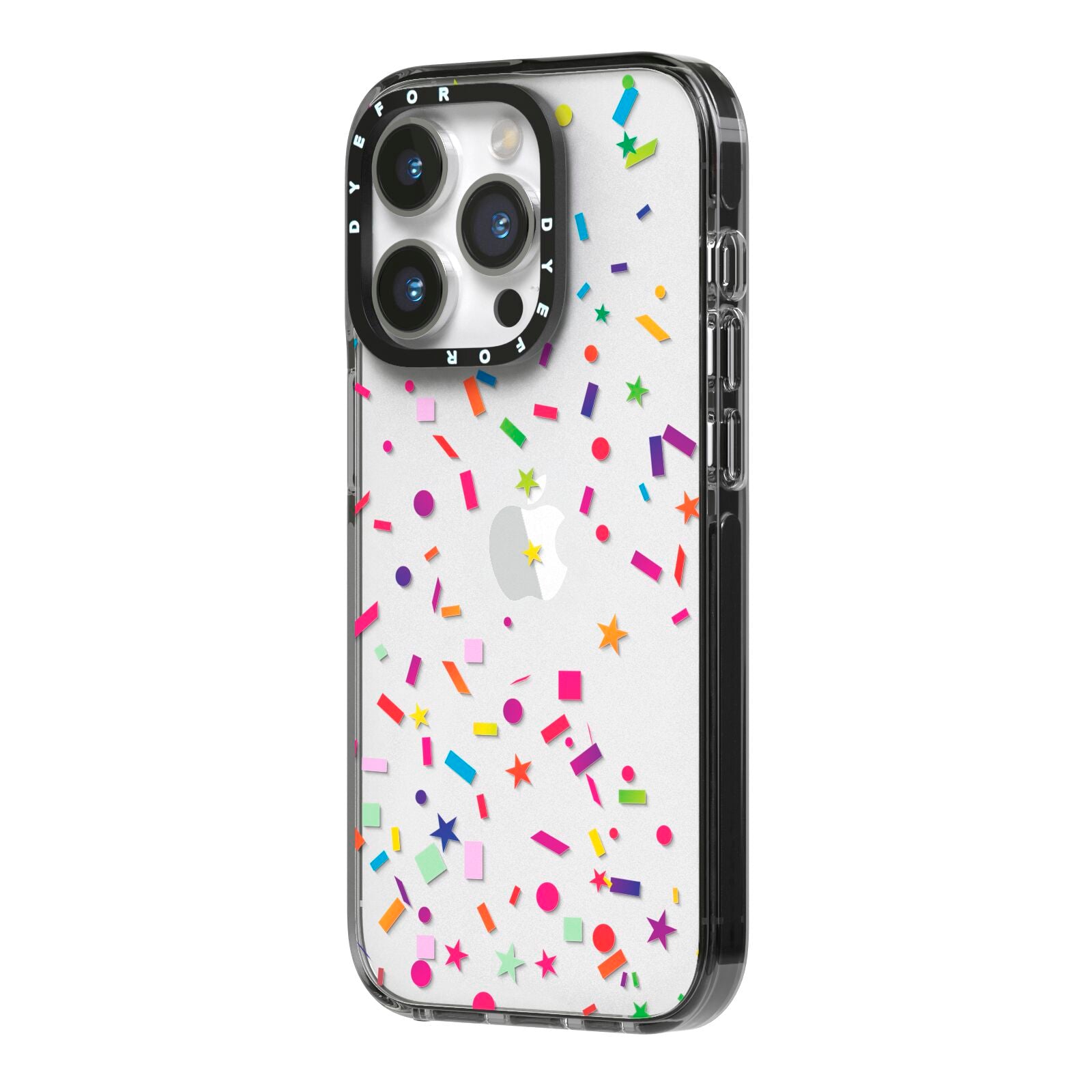 Confetti iPhone 14 Pro Black Impact Case Side Angle on Silver phone