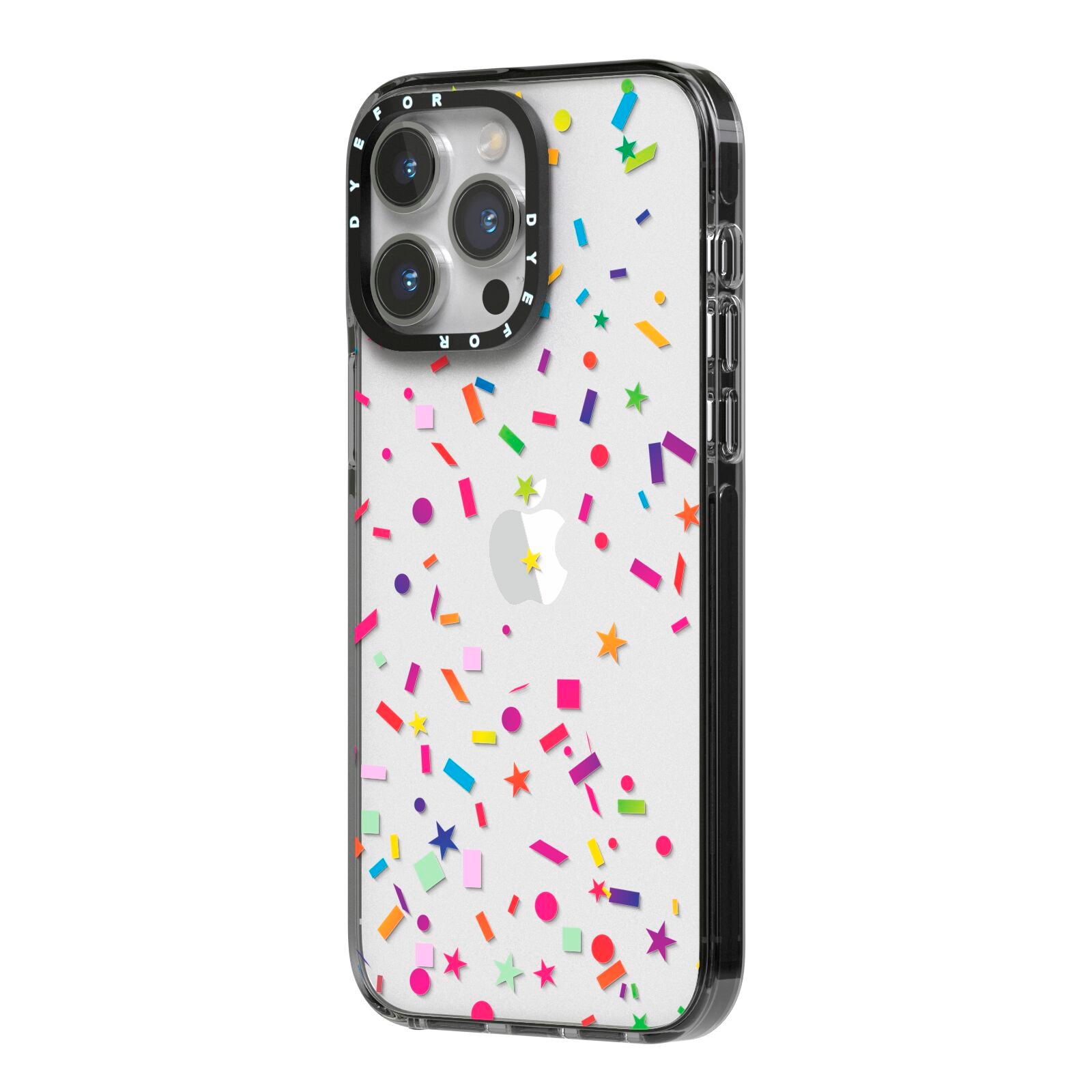 Confetti iPhone 14 Pro Max Black Impact Case Side Angle on Silver phone