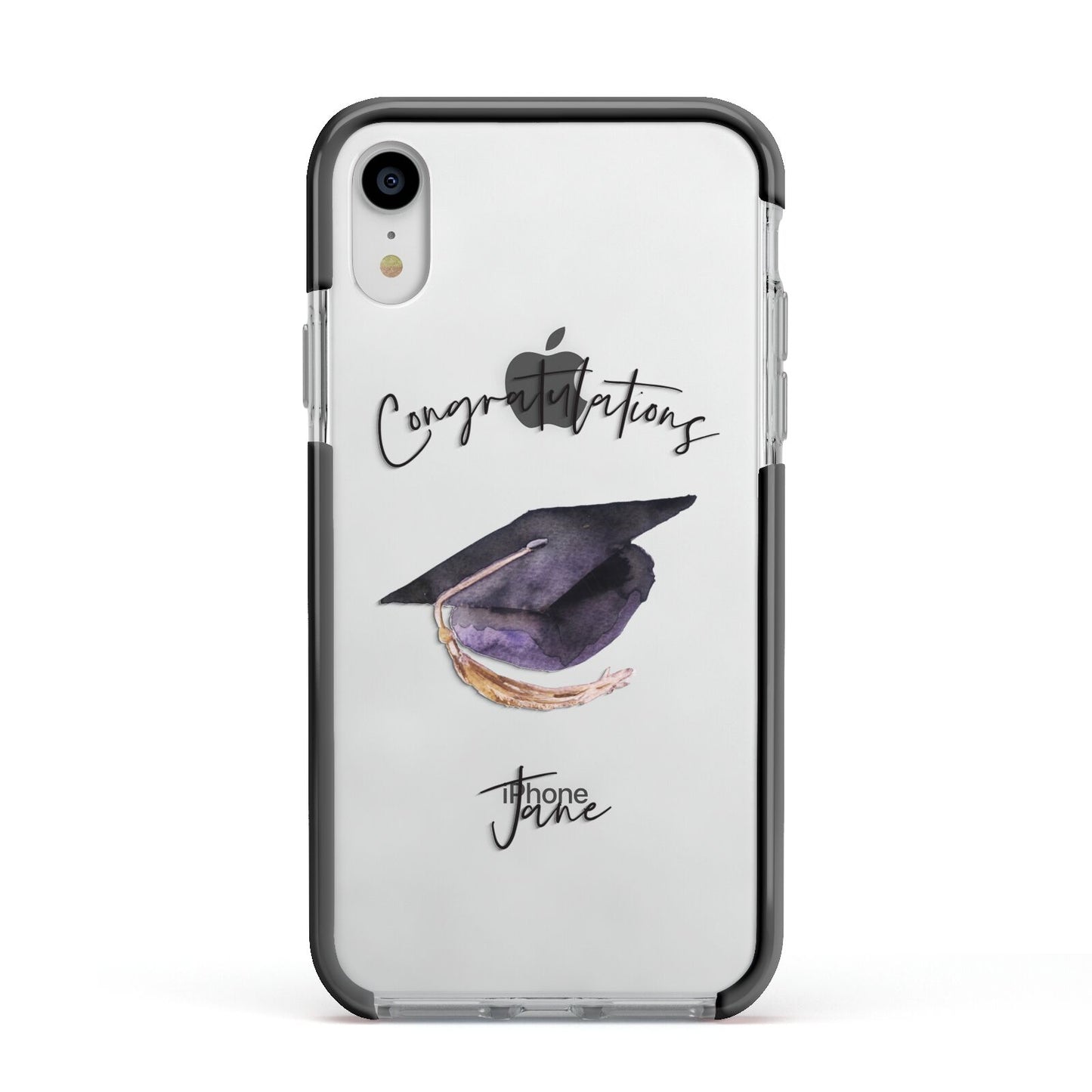 Congratulations Graduate Custom Apple iPhone XR Impact Case Black Edge on Silver Phone