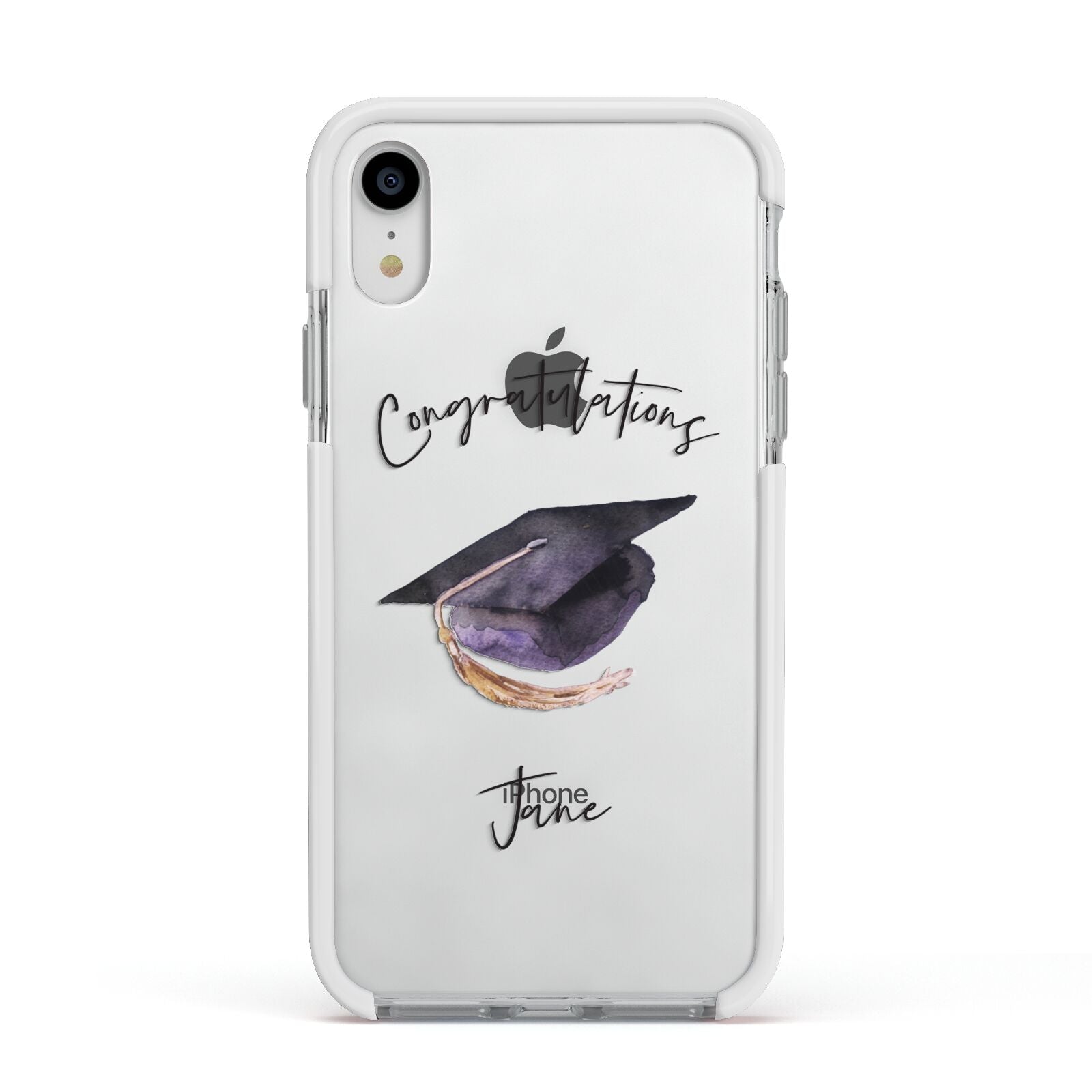 Congratulations Graduate Custom Apple iPhone XR Impact Case White Edge on Silver Phone