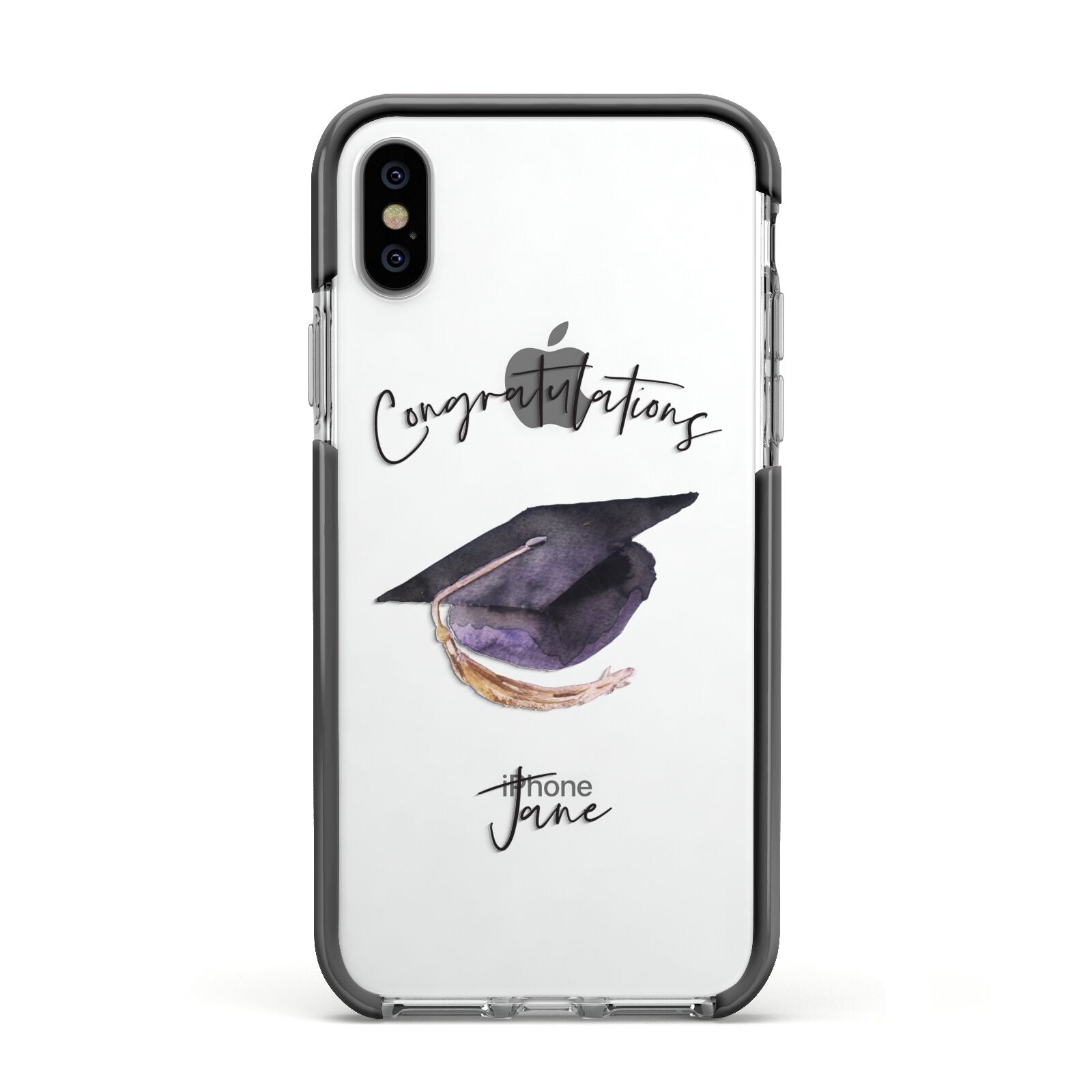 Congratulations Graduate Custom Apple iPhone Xs Impact Case Black Edge on Silver Phone