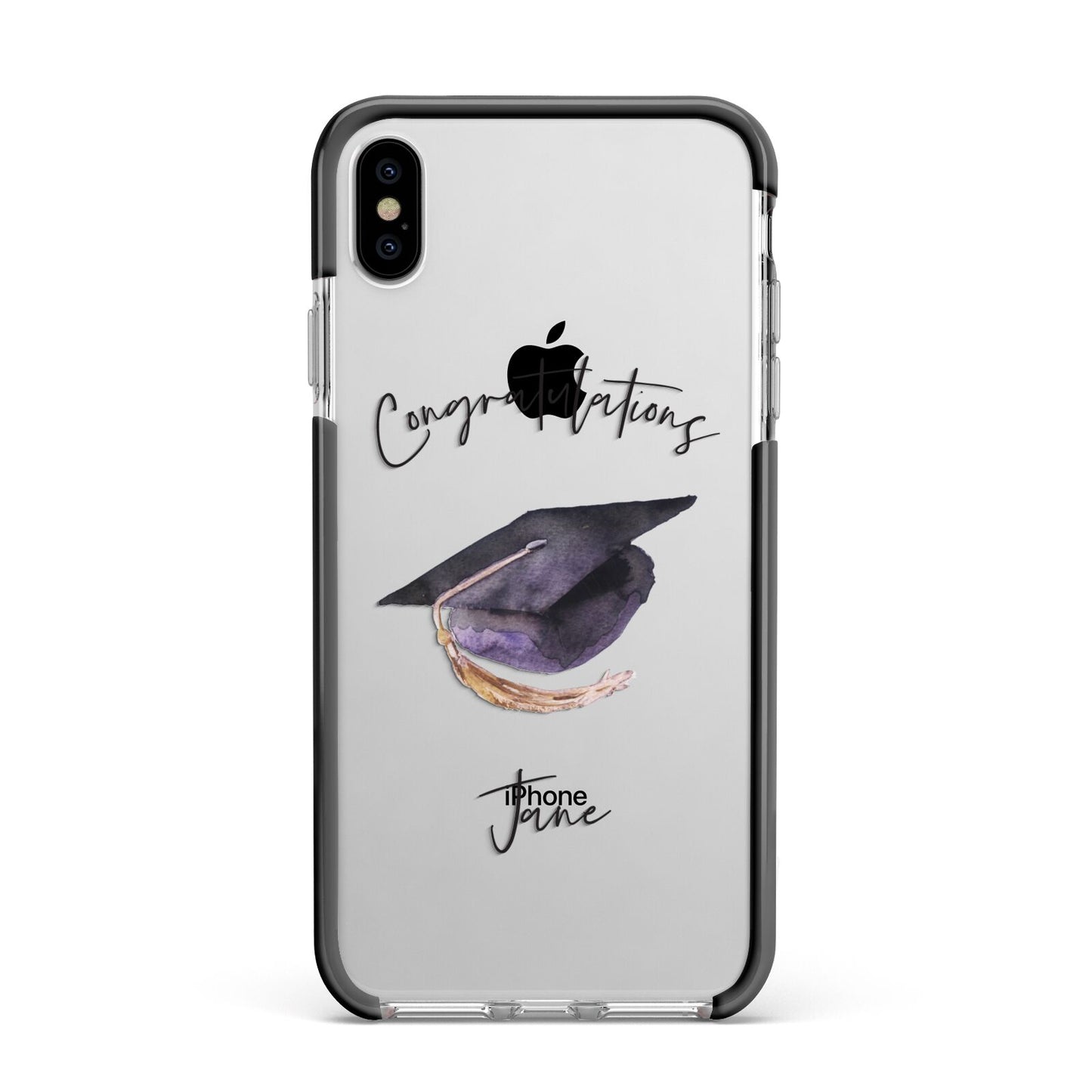 Congratulations Graduate Custom Apple iPhone Xs Max Impact Case Black Edge on Silver Phone