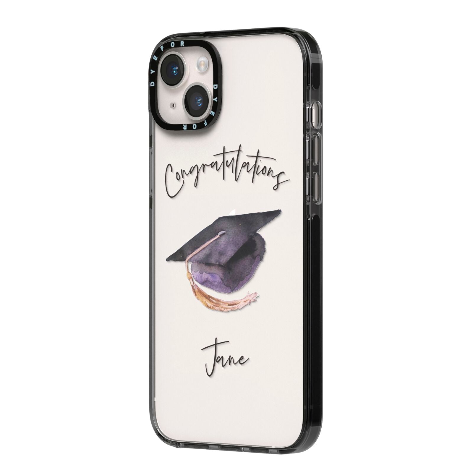 Congratulations Graduate Custom iPhone 14 Plus Black Impact Case Side Angle on Silver phone