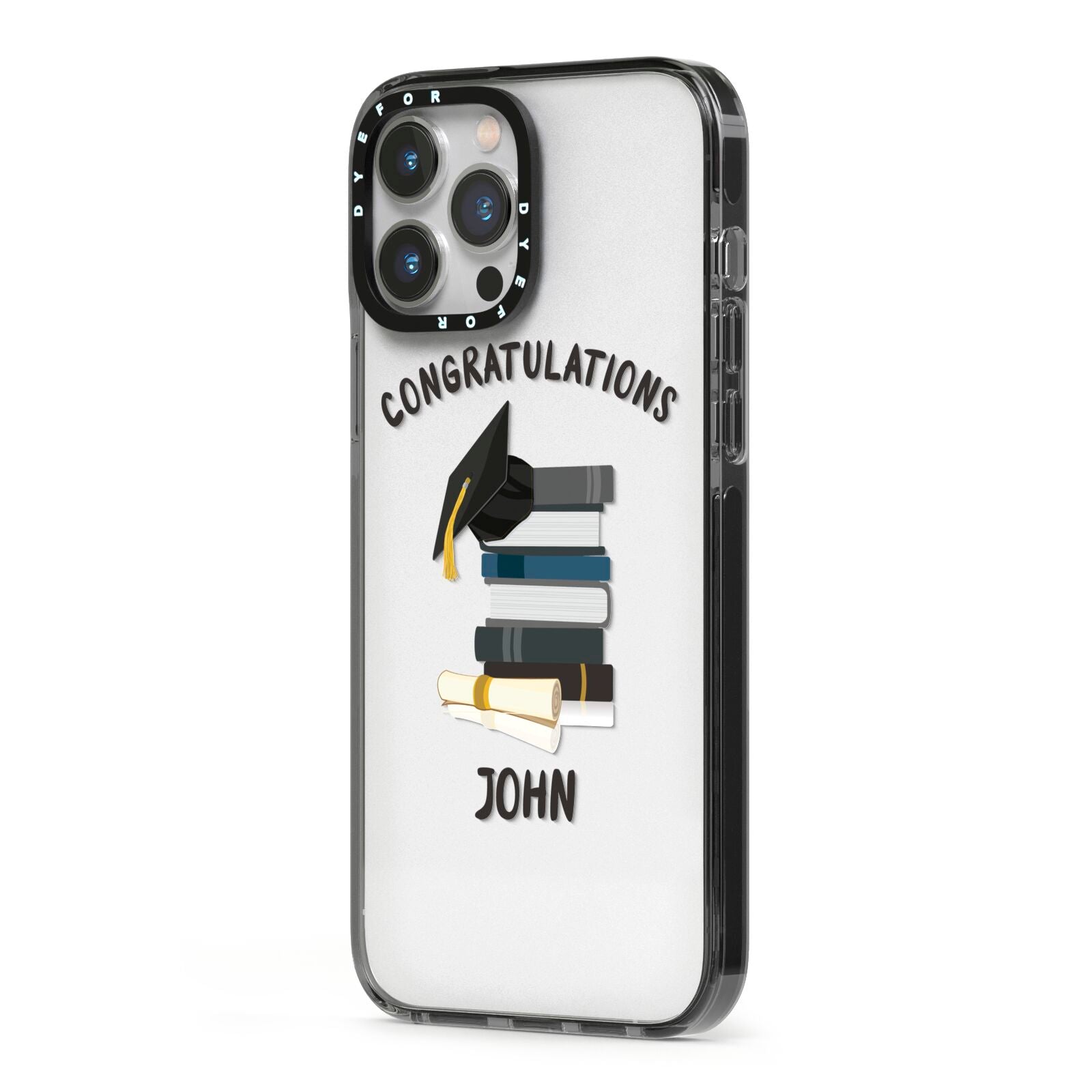 Congratulations Graduate iPhone 13 Pro Max Black Impact Case Side Angle on Silver phone