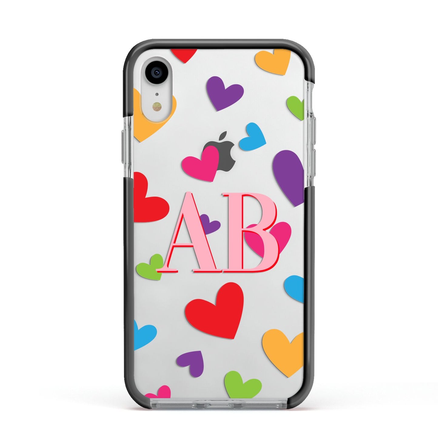 Contrast Initials Heart Print Apple iPhone XR Impact Case Black Edge on Silver Phone