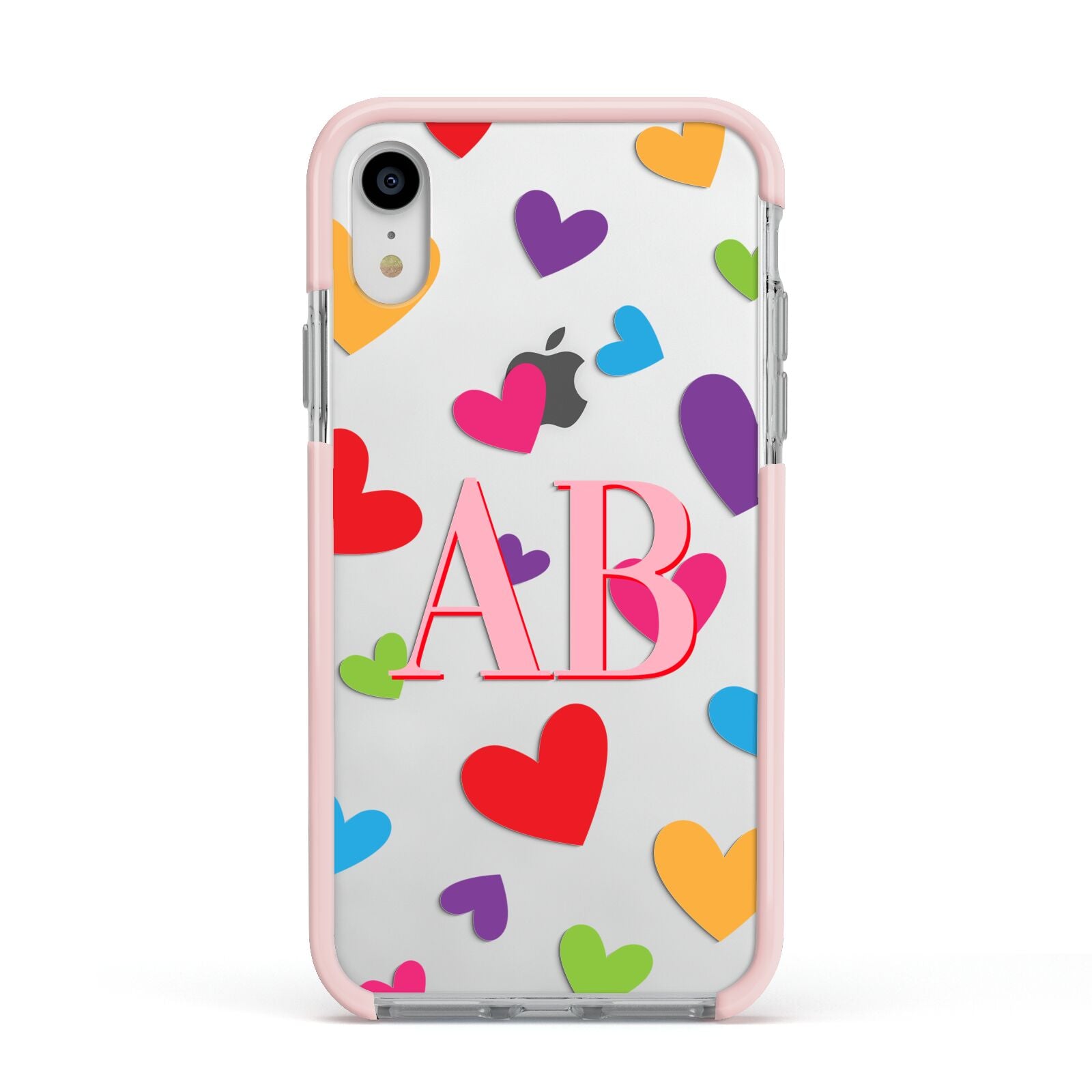 Contrast Initials Heart Print Apple iPhone XR Impact Case Pink Edge on Silver Phone