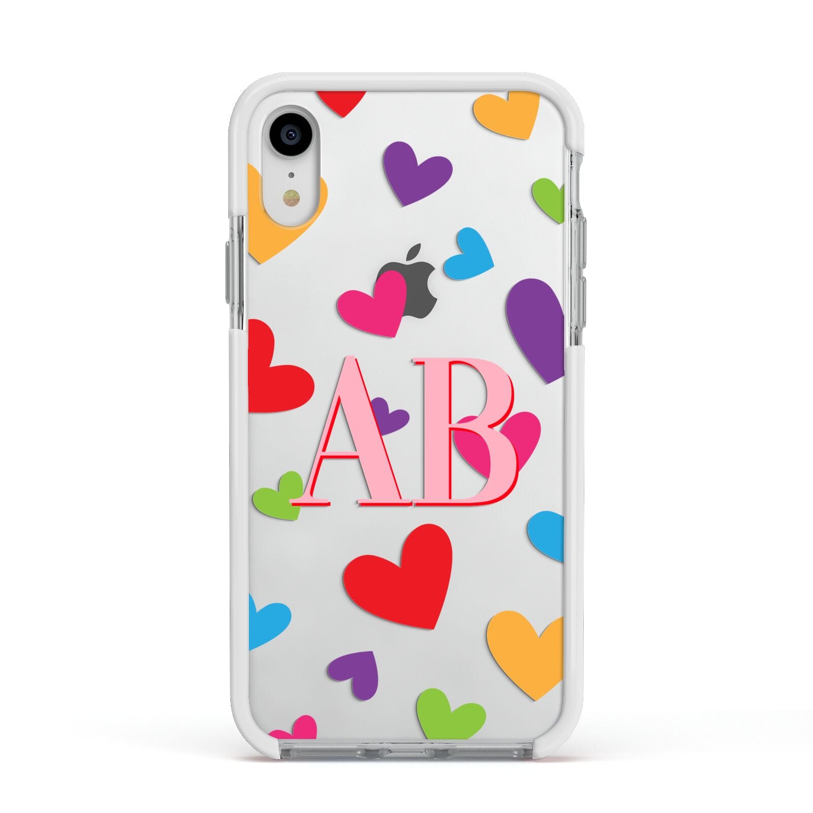 Contrast Initials Heart Print Apple iPhone XR Impact Case White Edge on Silver Phone