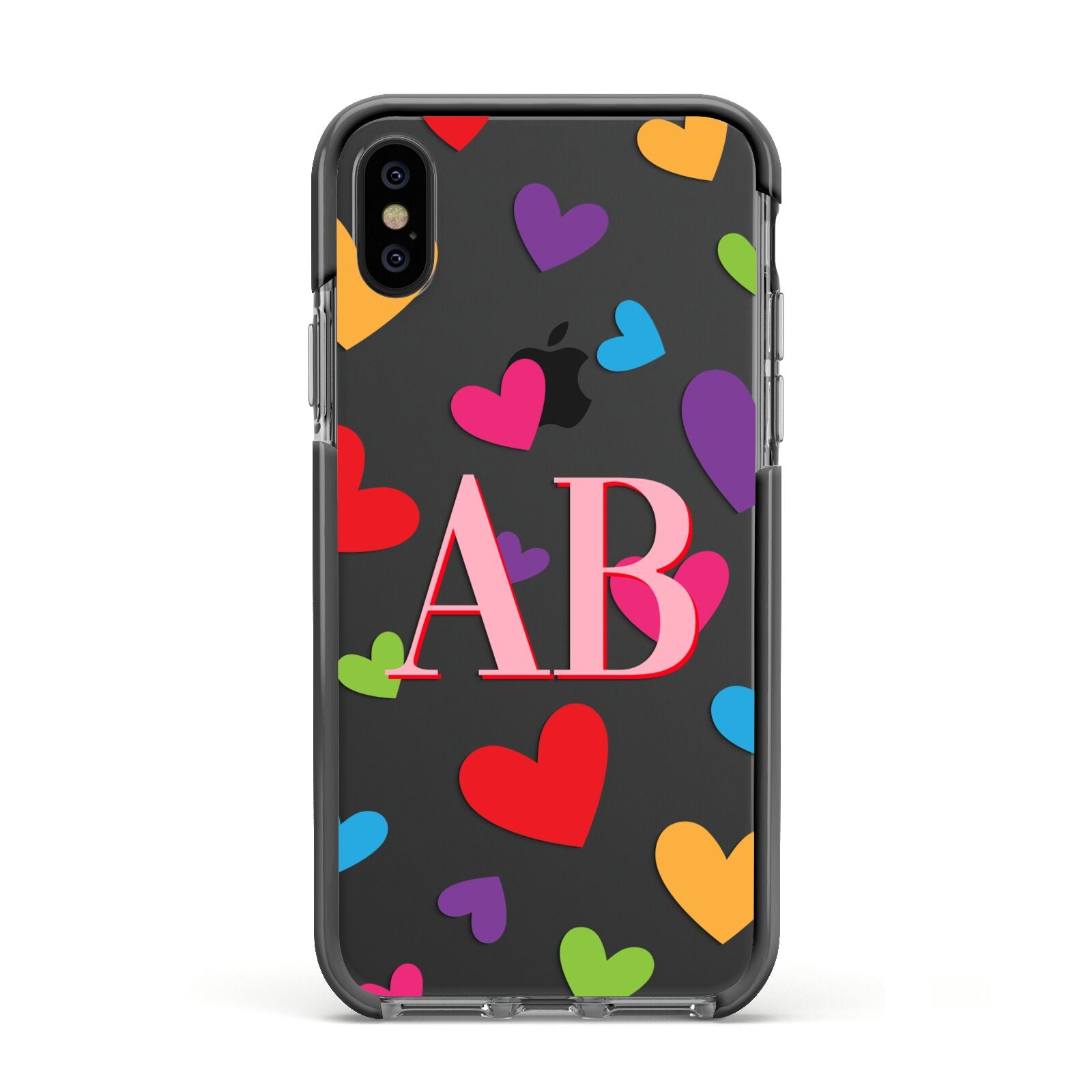 Contrast Initials Heart Print Apple iPhone Xs Impact Case Black Edge on Black Phone