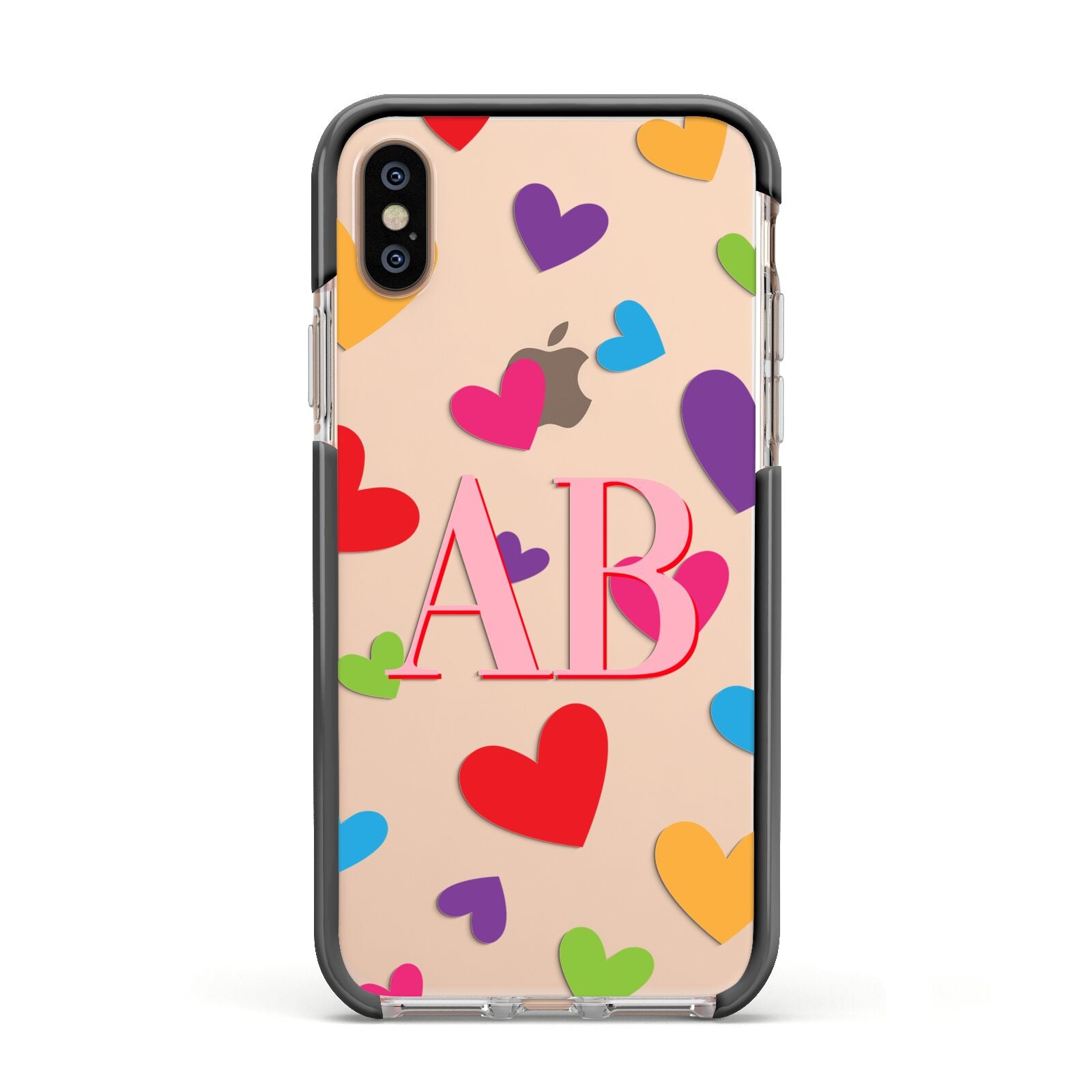 Contrast Initials Heart Print Apple iPhone Xs Impact Case Black Edge on Gold Phone