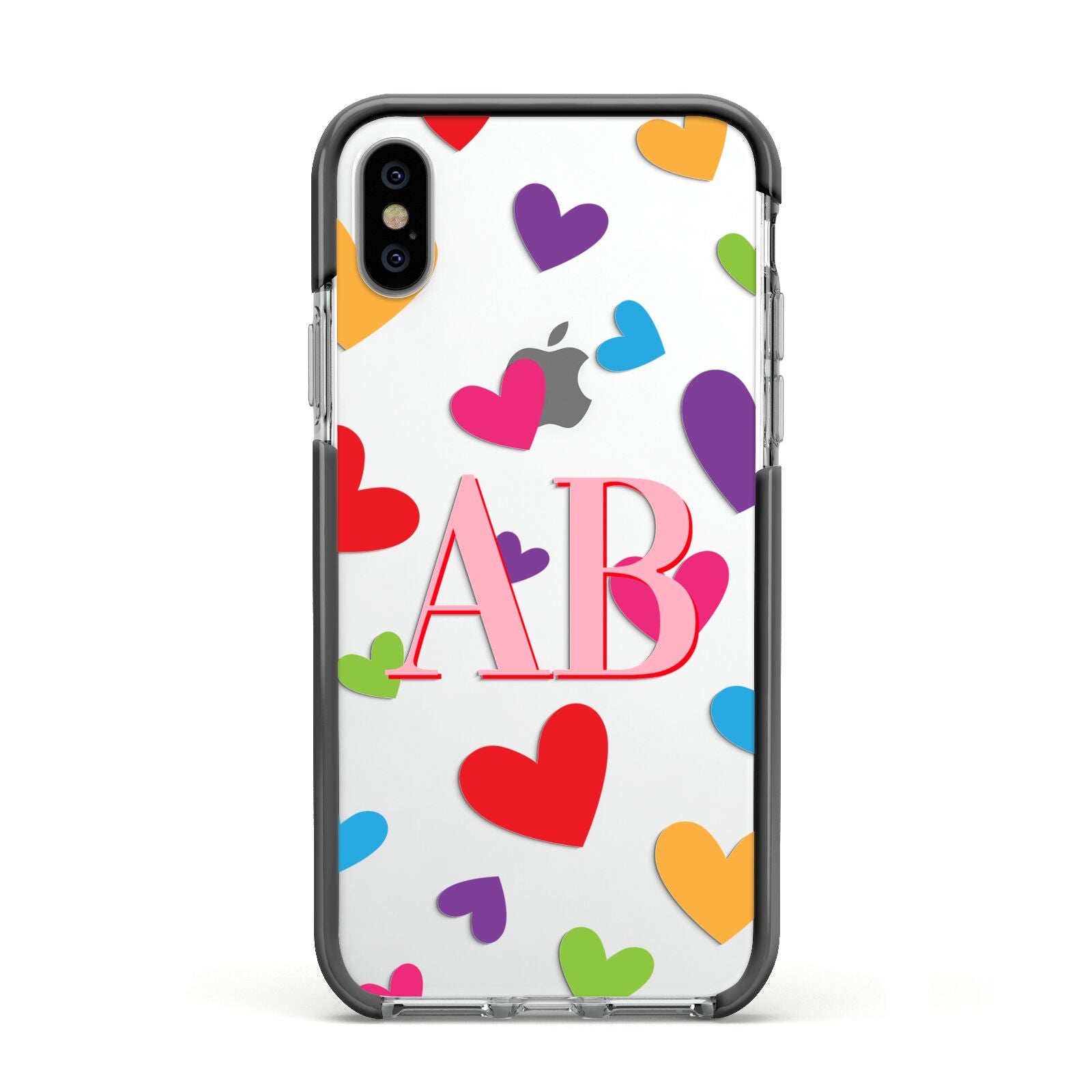 Contrast Initials Heart Print Apple iPhone Xs Impact Case Black Edge on Silver Phone