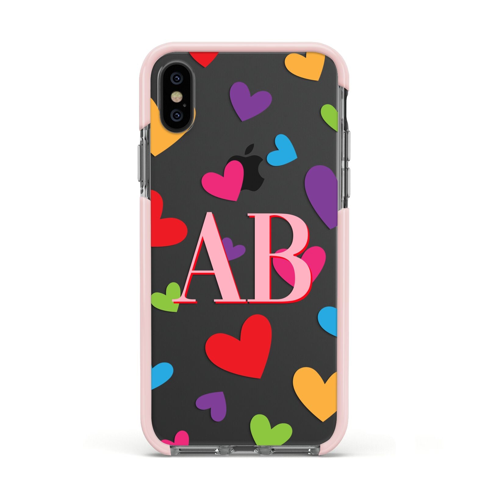 Contrast Initials Heart Print Apple iPhone Xs Impact Case Pink Edge on Black Phone