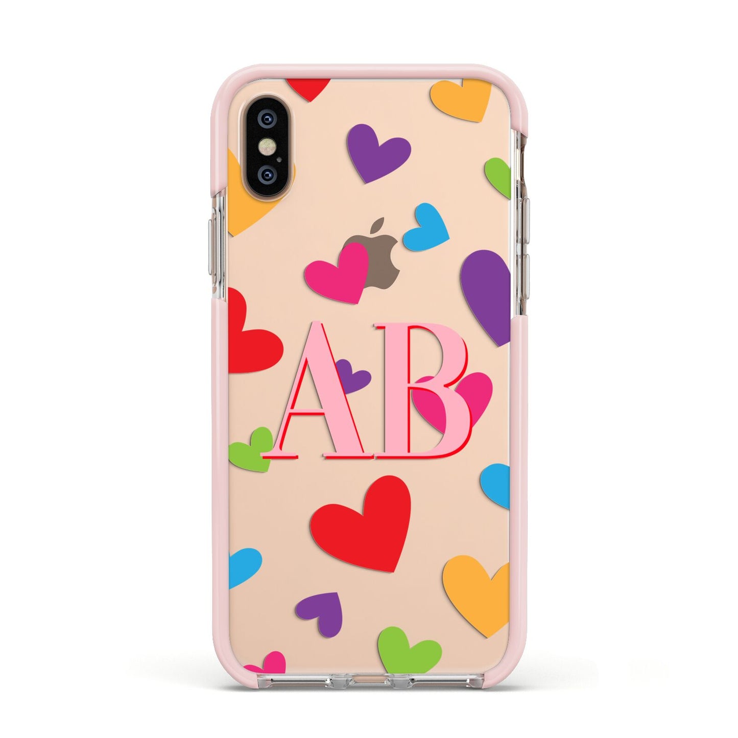 Contrast Initials Heart Print Apple iPhone Xs Impact Case Pink Edge on Gold Phone