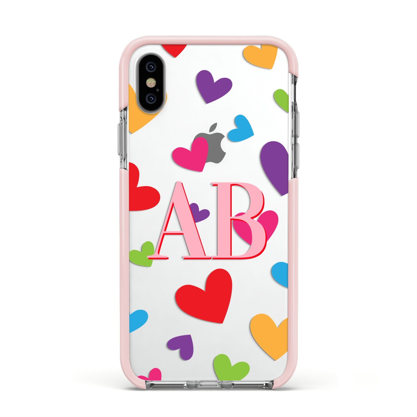 Contrast Initials Heart Print Apple iPhone Xs Impact Case Pink Edge on Silver Phone