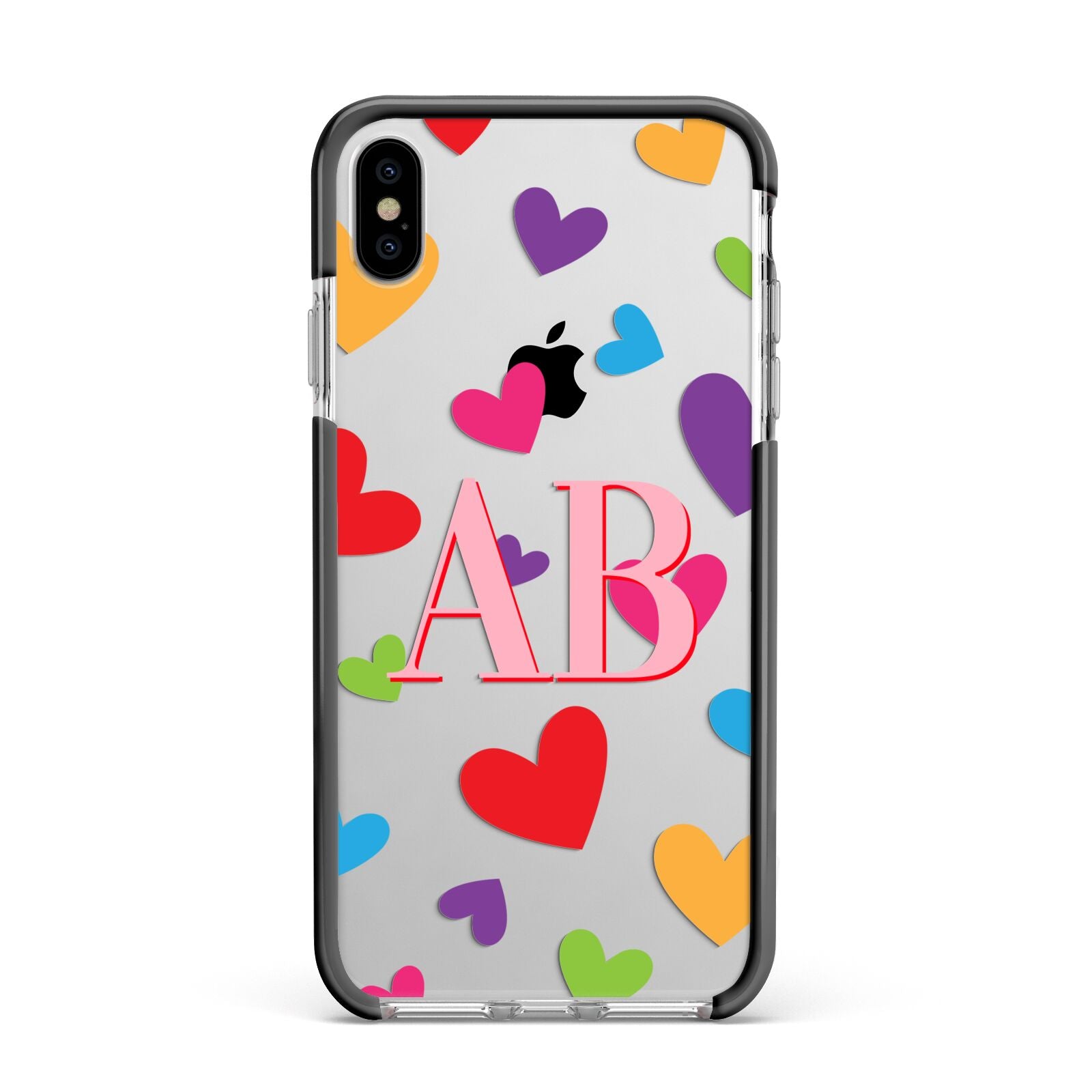 Contrast Initials Heart Print Apple iPhone Xs Max Impact Case Black Edge on Silver Phone