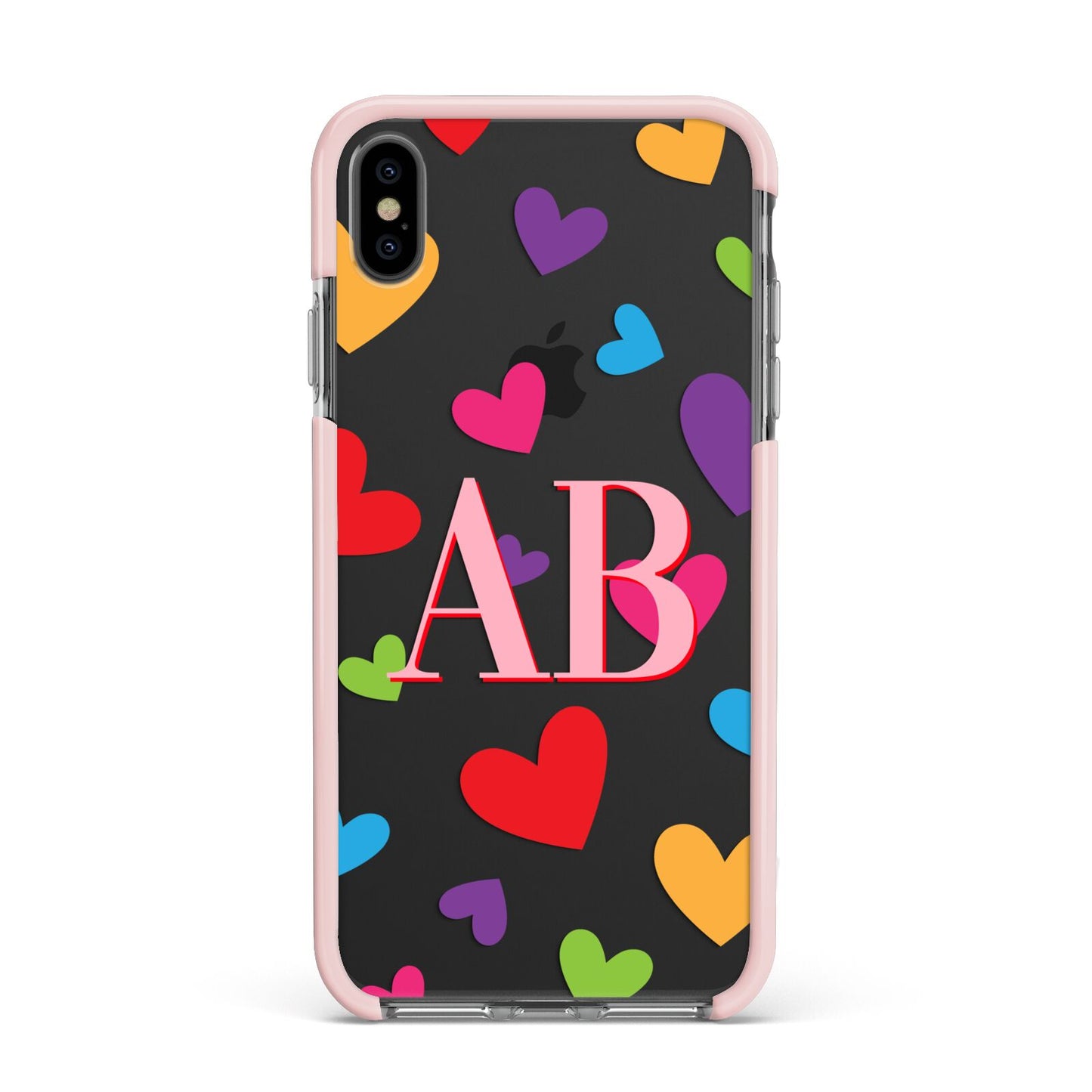 Contrast Initials Heart Print Apple iPhone Xs Max Impact Case Pink Edge on Black Phone