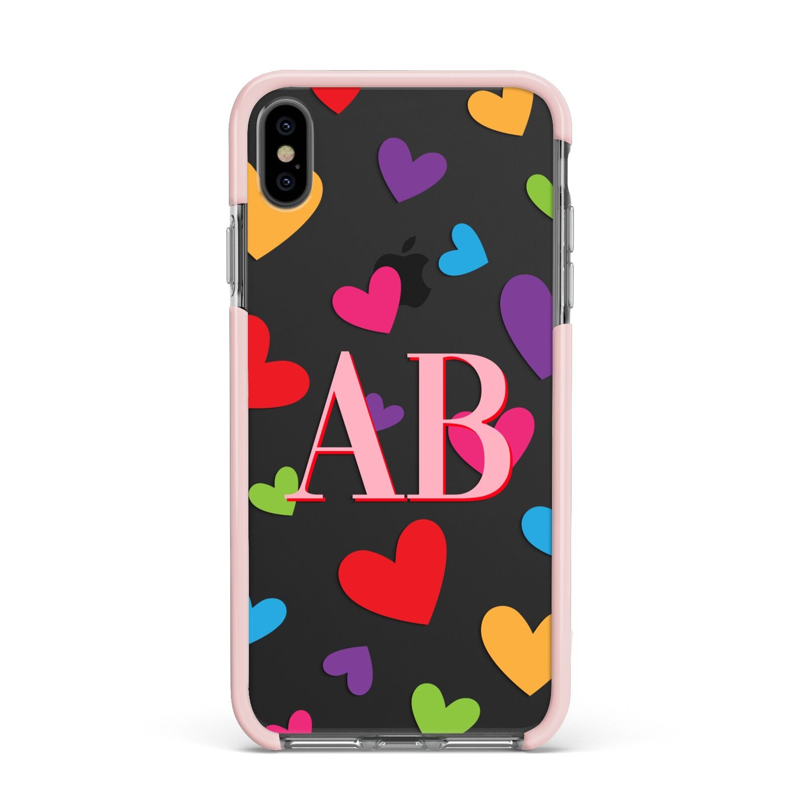 Contrast Initials Heart Print Apple iPhone Xs Max Impact Case Pink Edge on Black Phone