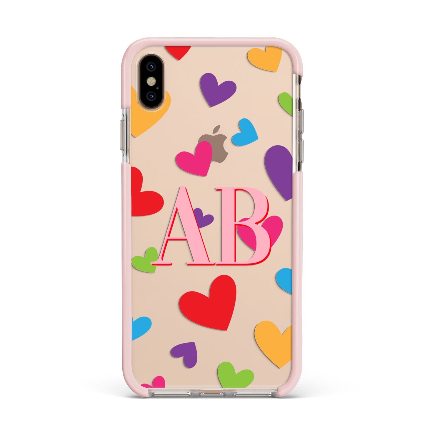 Contrast Initials Heart Print Apple iPhone Xs Max Impact Case Pink Edge on Gold Phone