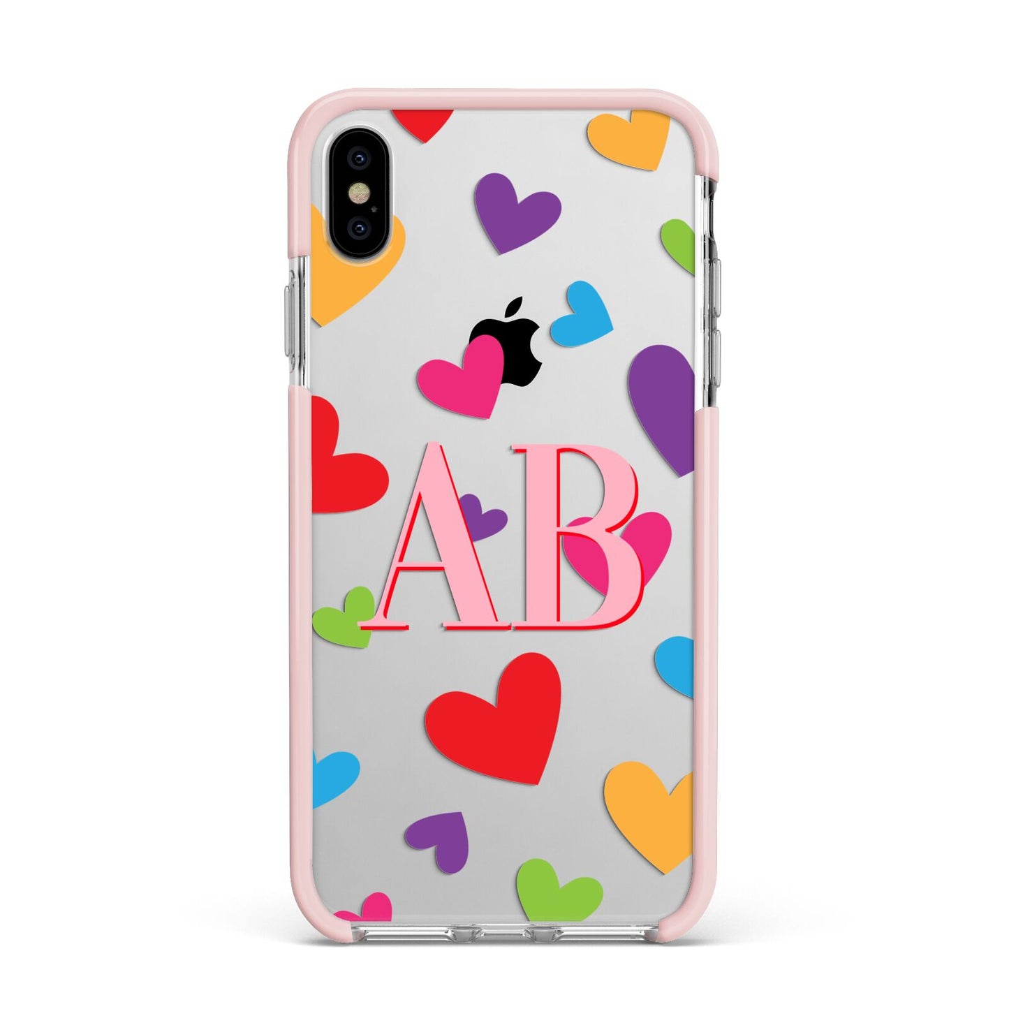 Contrast Initials Heart Print Apple iPhone Xs Max Impact Case Pink Edge on Silver Phone