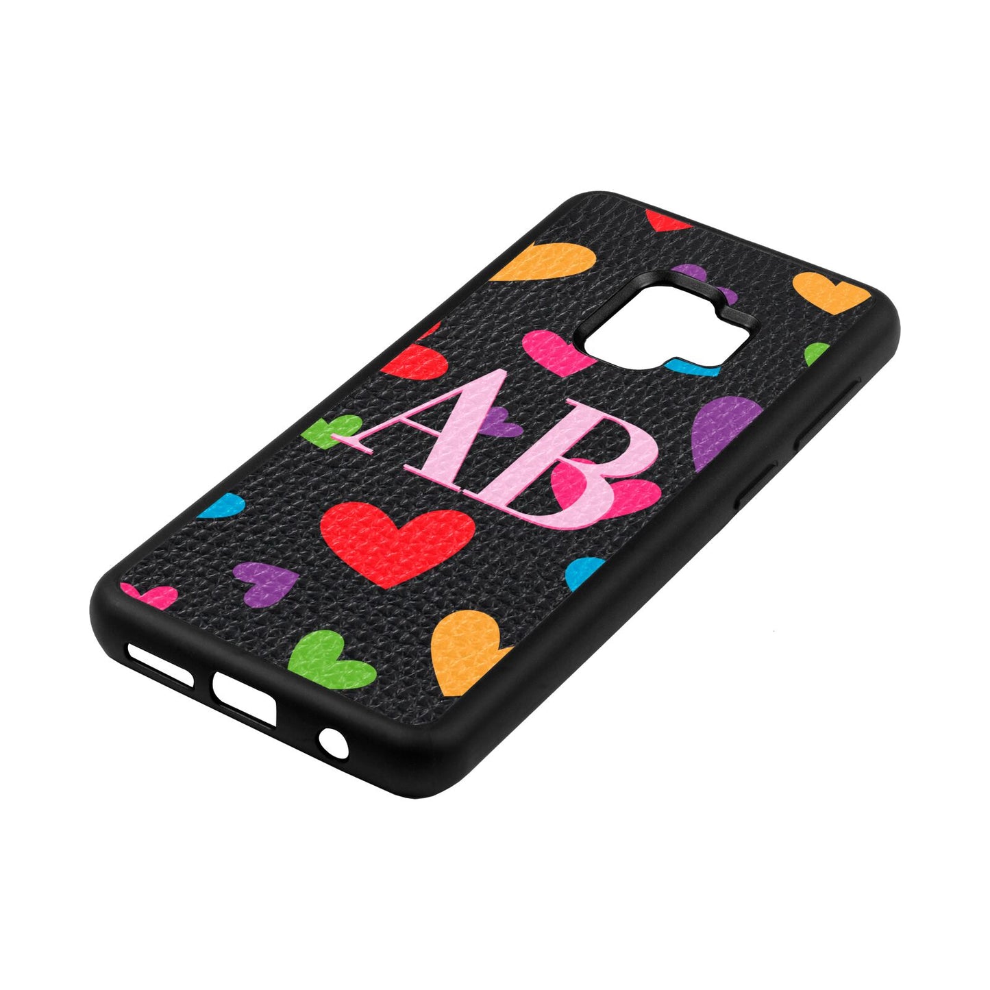 Contrast Initials Heart Print Black Pebble Leather Samsung S9 Case Side Angle