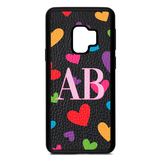 Contrast Initials Heart Print Black Pebble Leather Samsung S9 Case