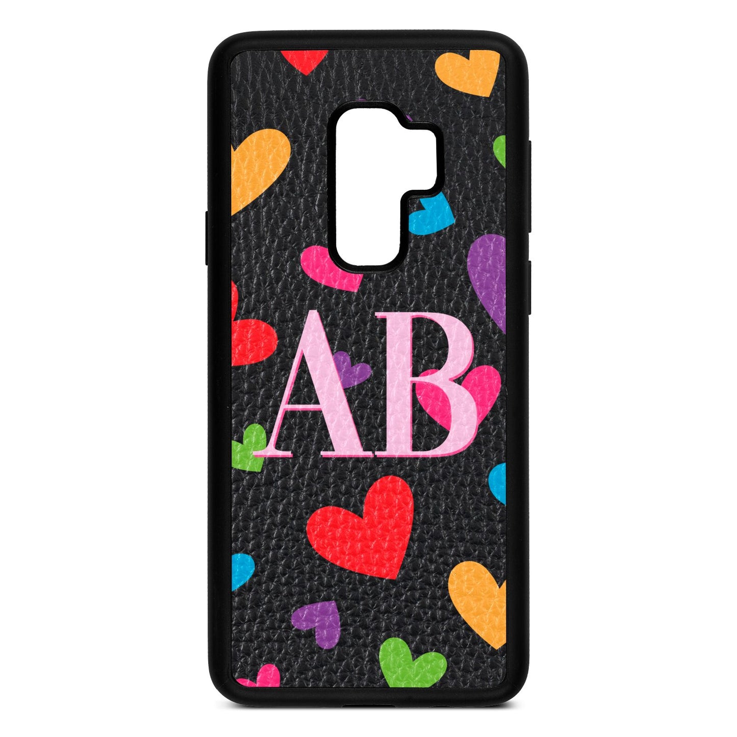 Contrast Initials Heart Print Black Pebble Leather Samsung S9 Plus Case