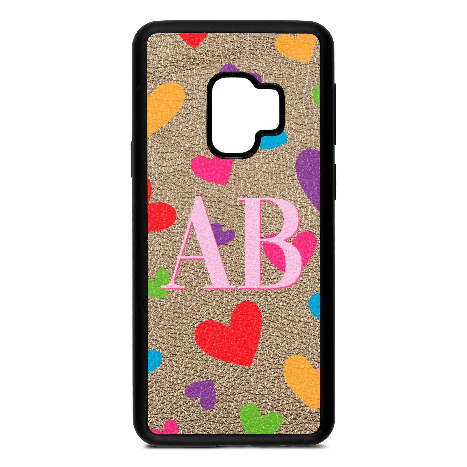 Contrast Initials Heart Print Gold Pebble Leather Samsung S9 Case