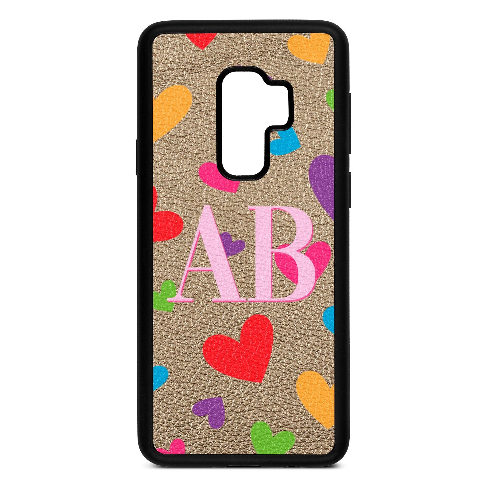 Contrast Initials Heart Print Gold Pebble Leather Samsung S9 Plus Case